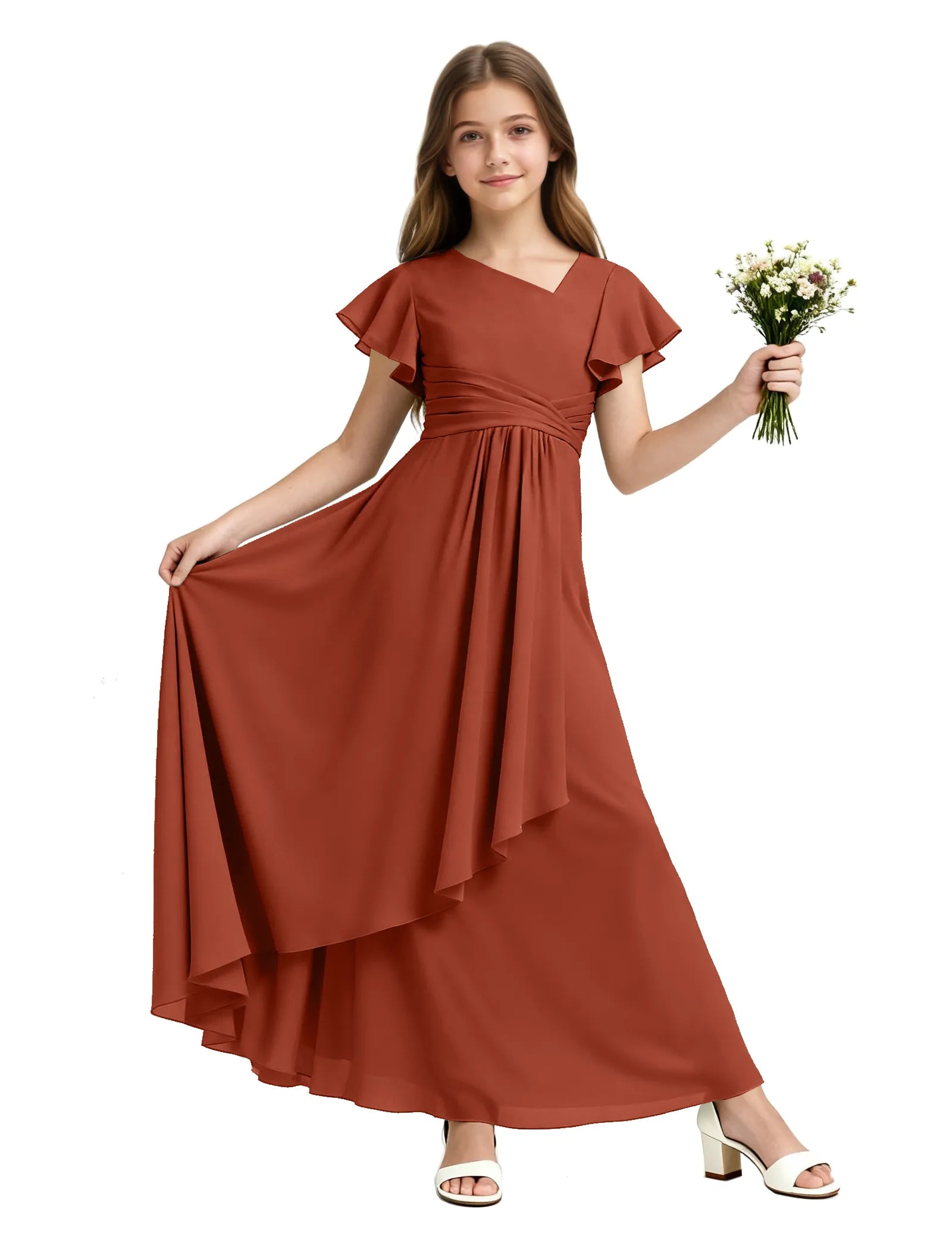 Girls Flutter Sleeve Asymmetrical Maxi Dress