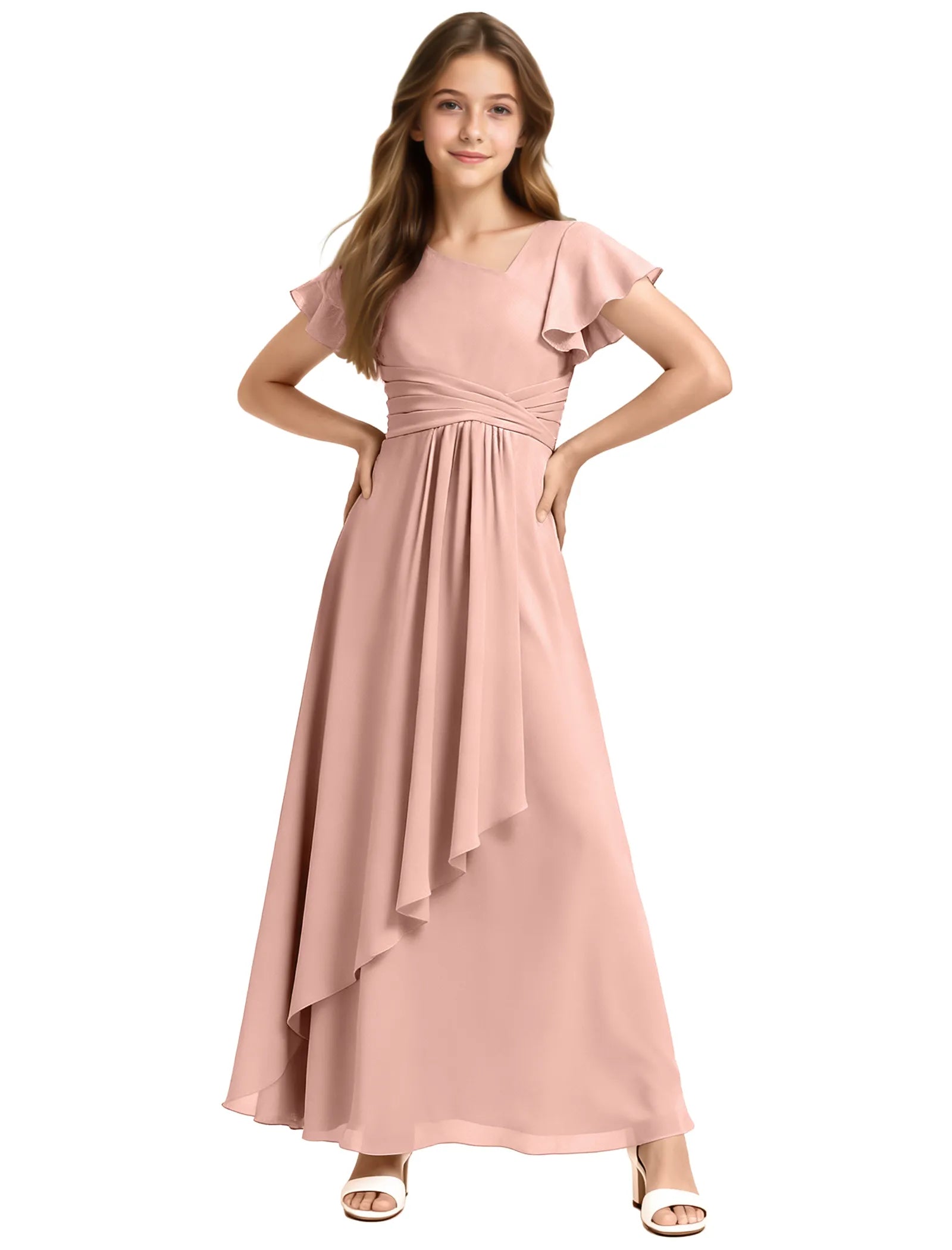 Girls Flutter Sleeve Asymmetrical Maxi Dress