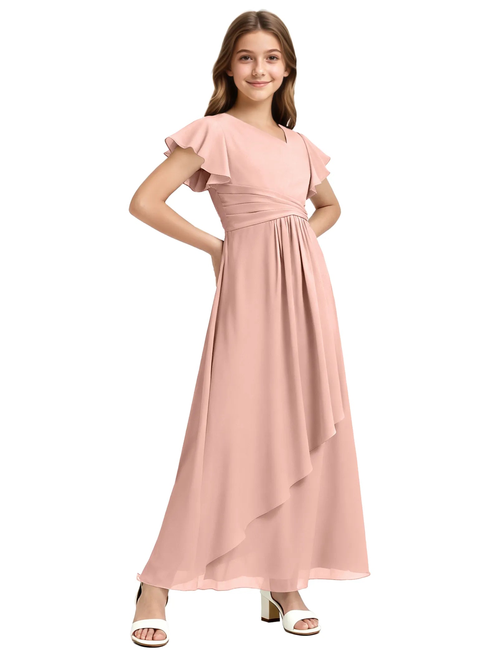 Girls Flutter Sleeve Asymmetrical Maxi Dress
