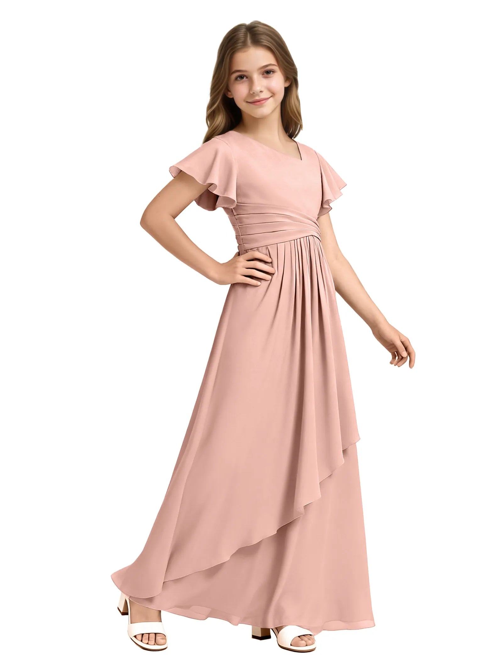 Girls Flutter Sleeve Asymmetrical Maxi Dress
