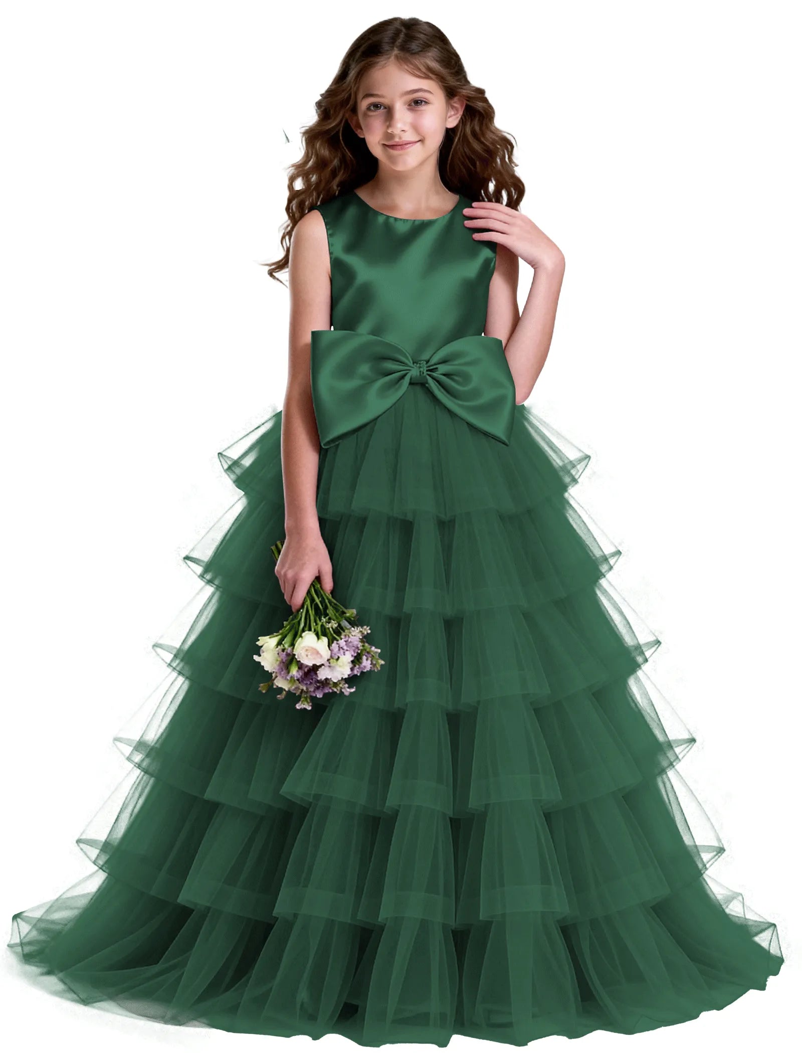 Layered Tulle Flower Girl Dress with Satin Bow