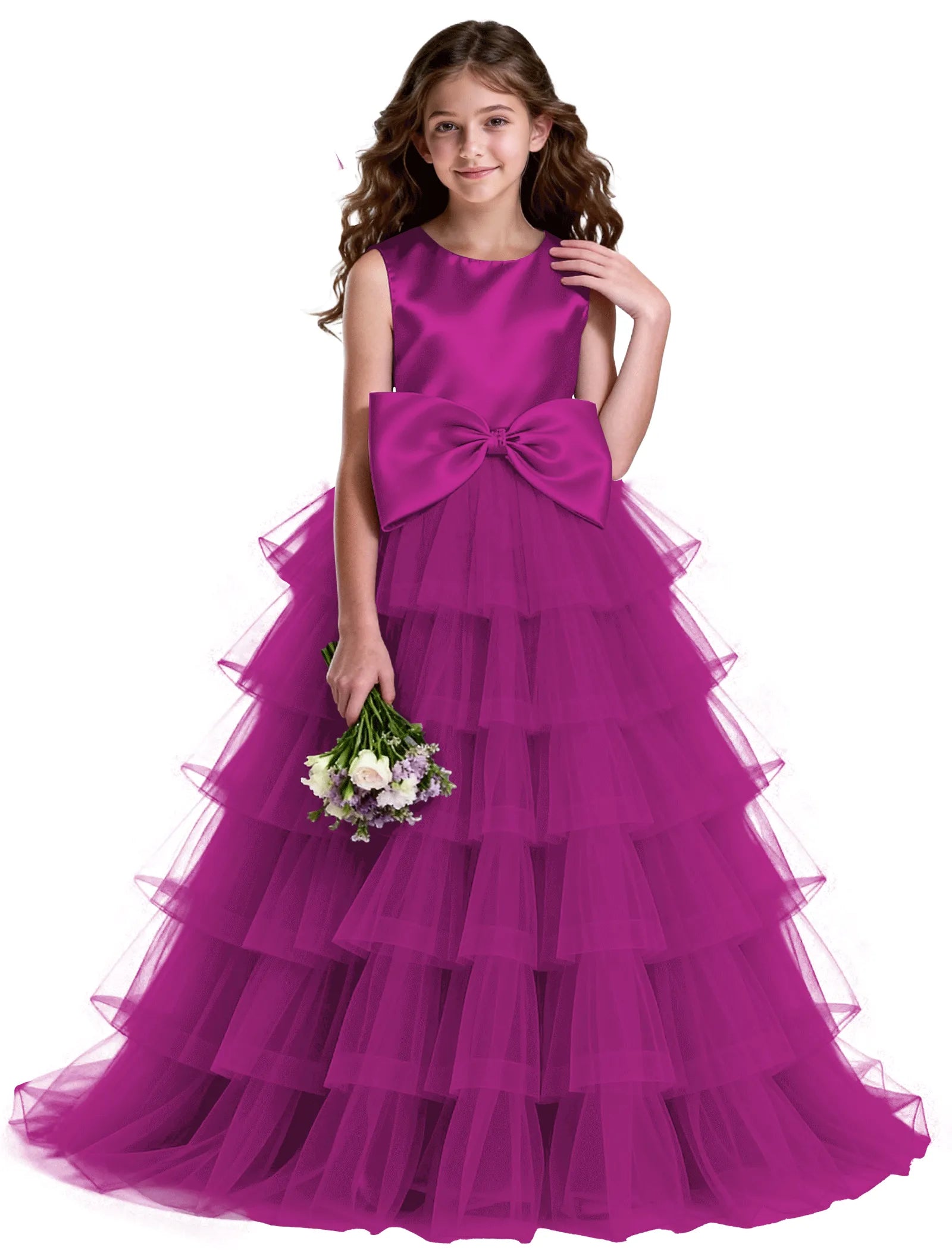 Layered Tulle Flower Girl Dress with Satin Bow