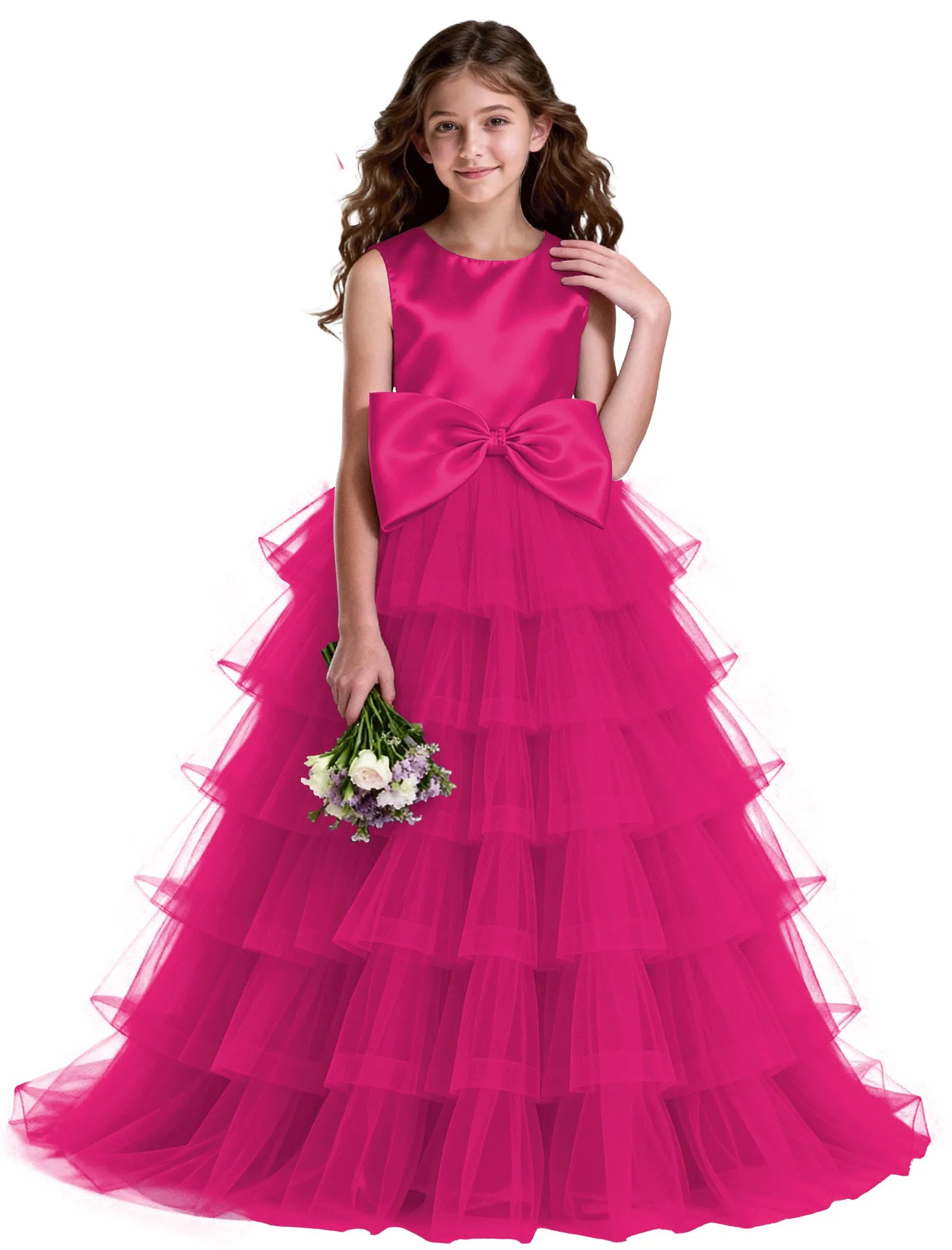 Layered Tulle Flower Girl Dress with Satin Bow
