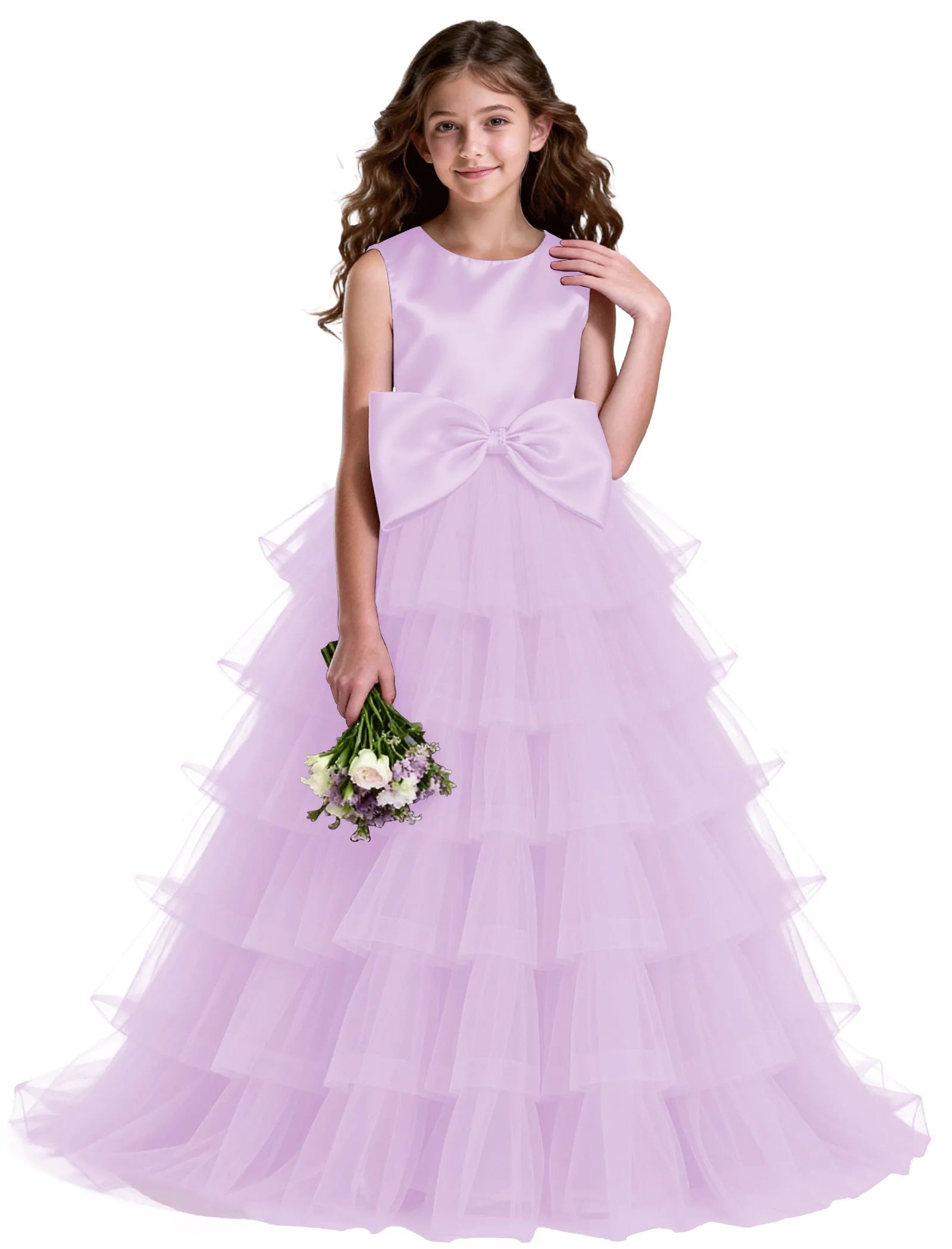 Layered Tulle Flower Girl Dress with Satin Bow