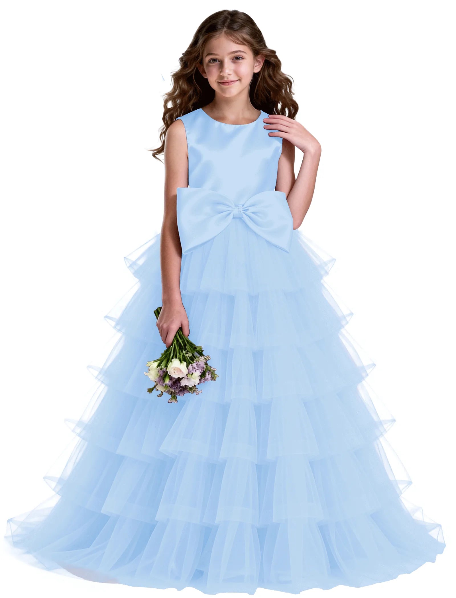 Layered Tulle Flower Girl Dress with Satin Bow
