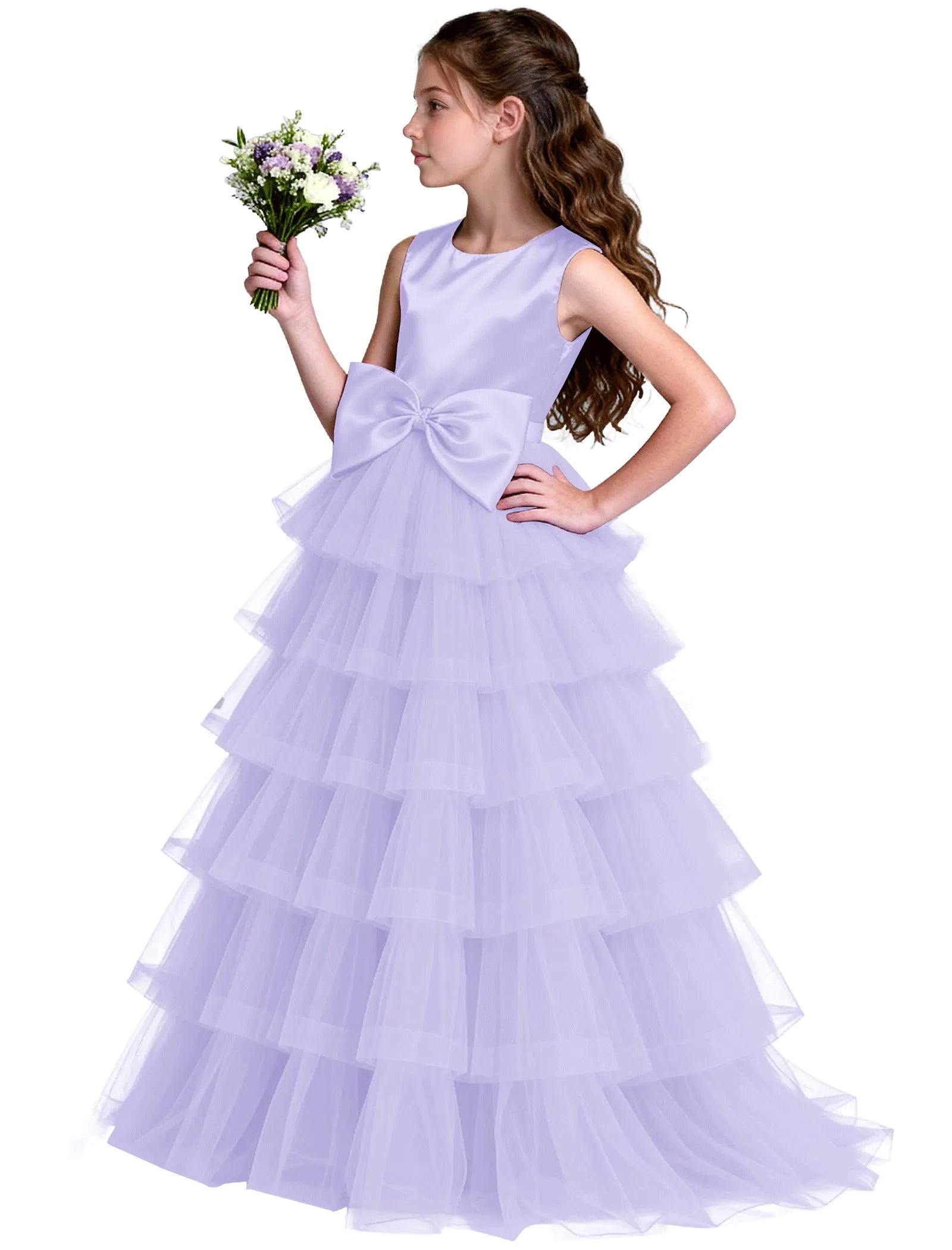 Layered Tulle Flower Girl Dress with Satin Bow