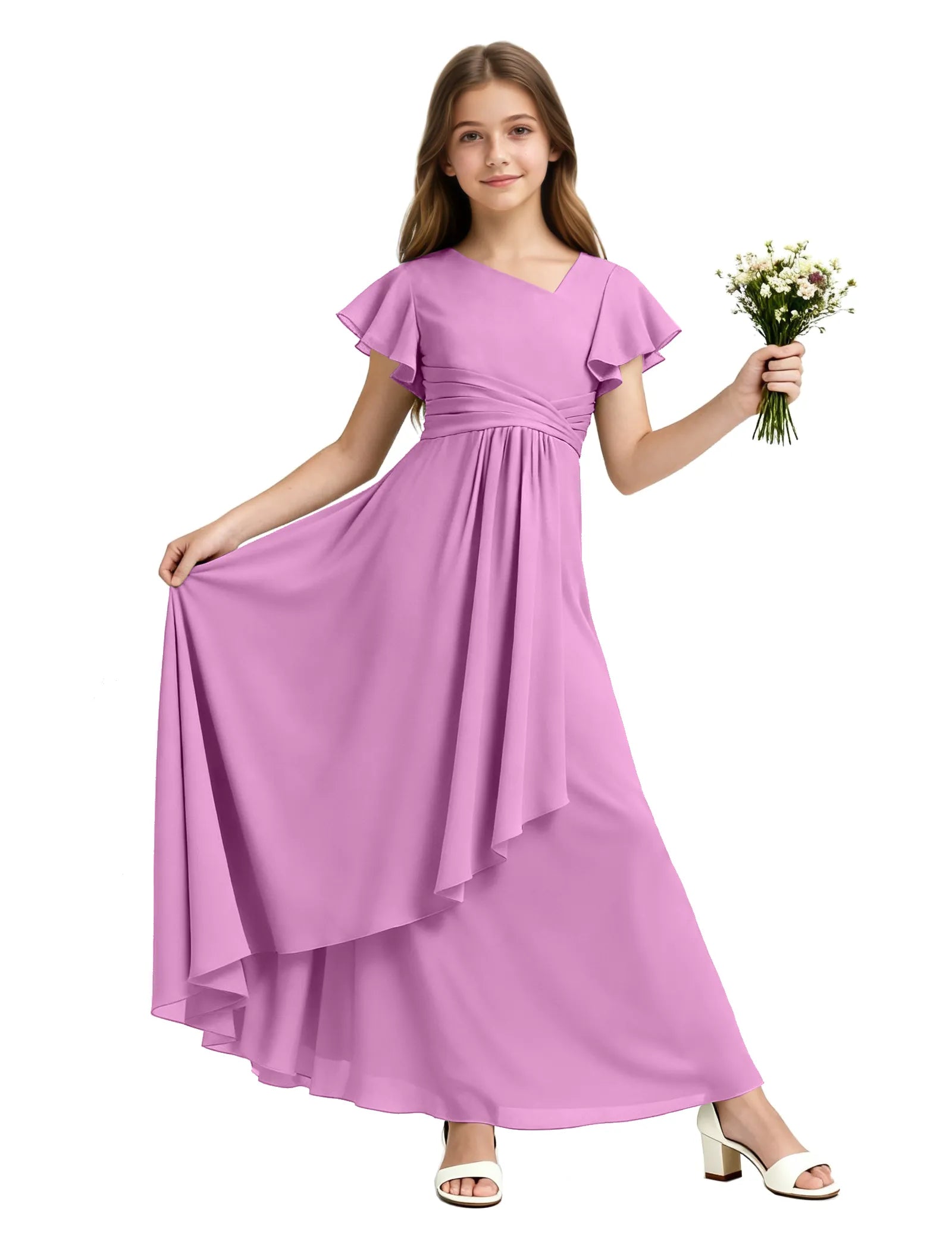Girls Flutter Sleeve Asymmetrical Maxi Dress