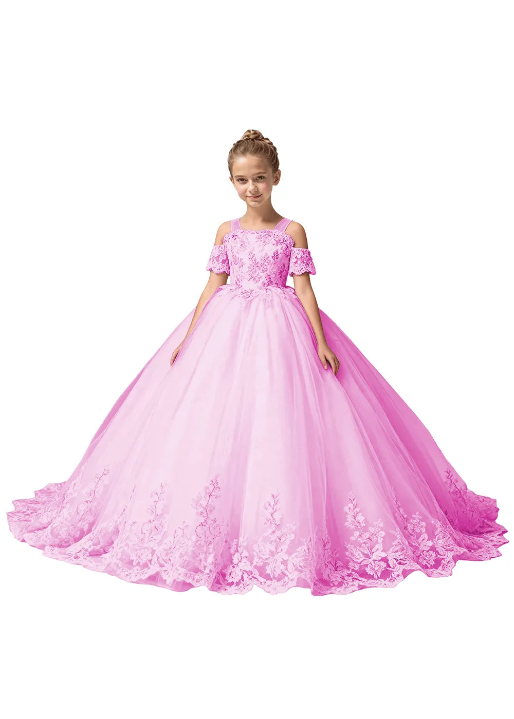 Off Shoulder Floral Embroidered Flower Girl Dress