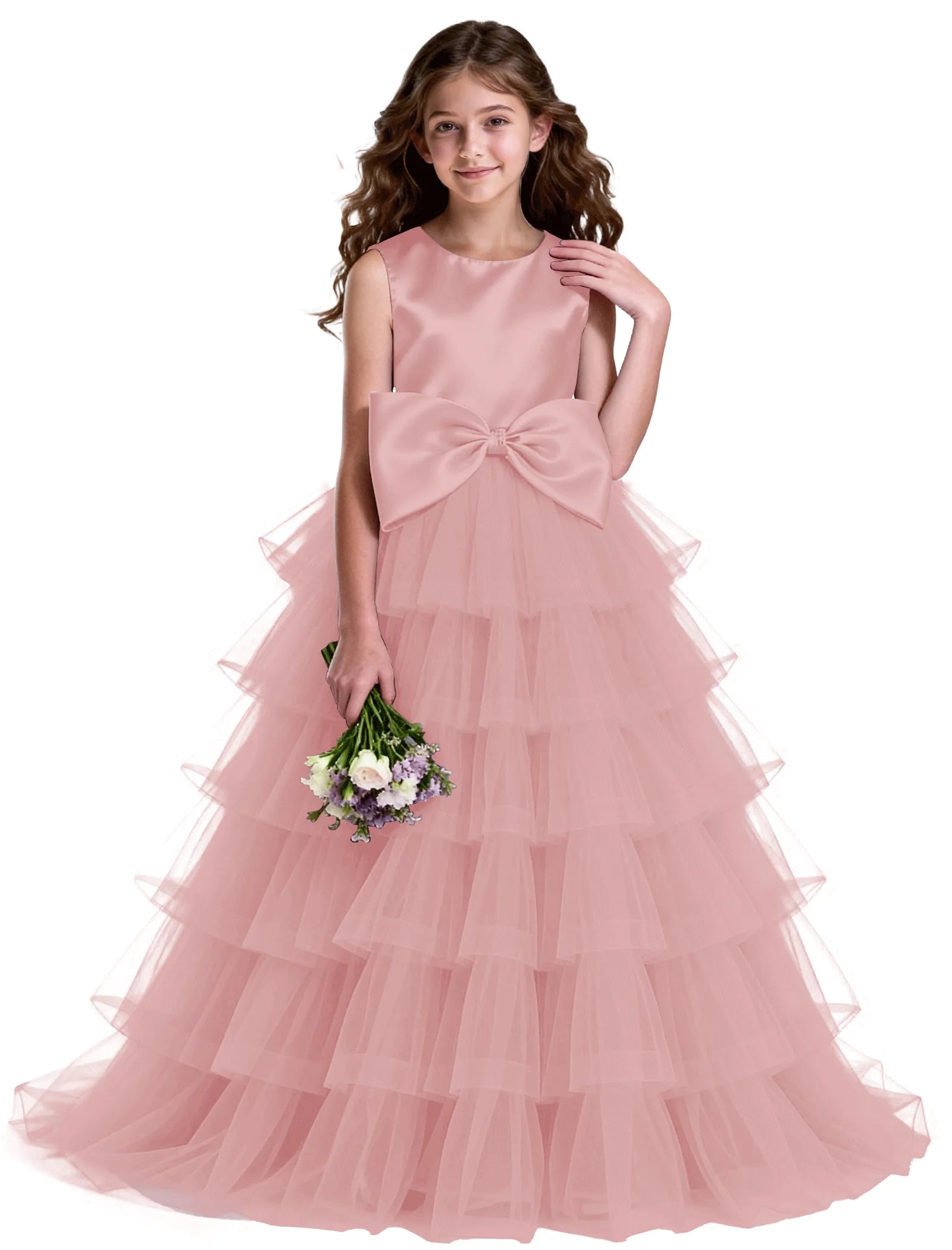 Layered Tulle Flower Girl Dress with Satin Bow