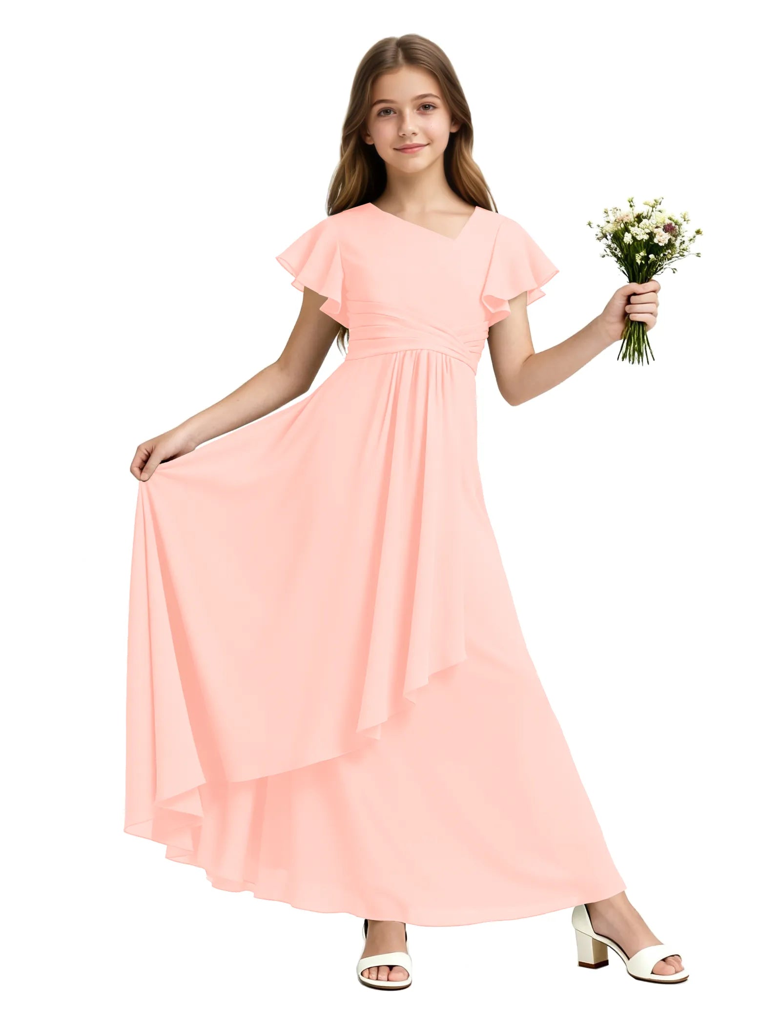 Girls Flutter Sleeve Asymmetrical Maxi Dress