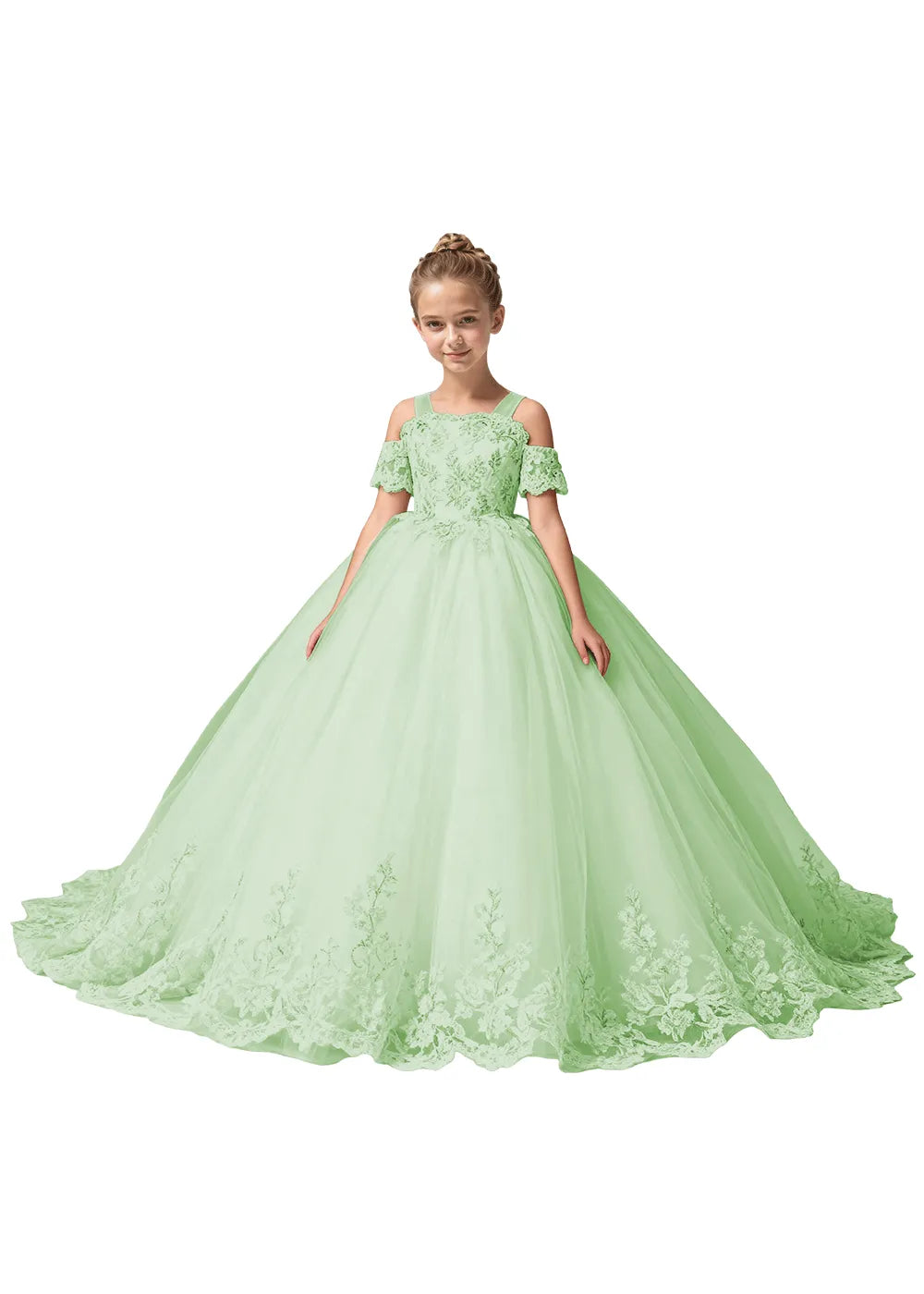 Off Shoulder Floral Embroidered Flower Girl Dress