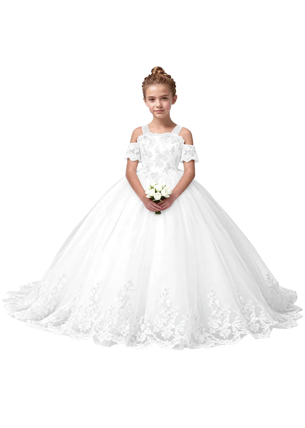 Off Shoulder Floral Embroidered Flower Girl Dress