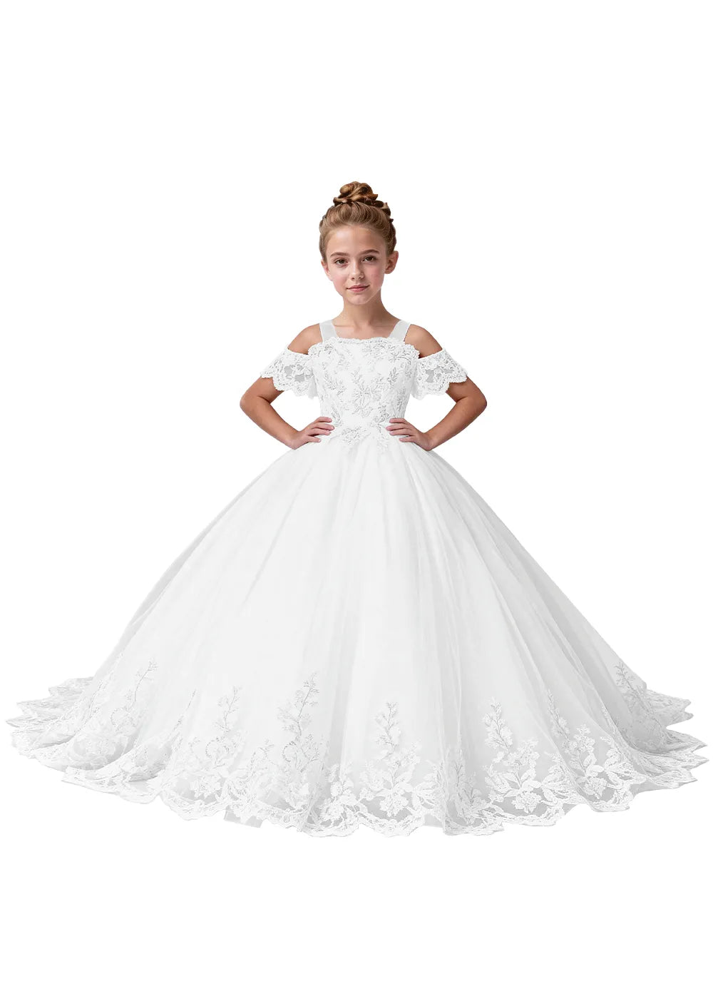 Off Shoulder Floral Embroidered Flower Girl Dress