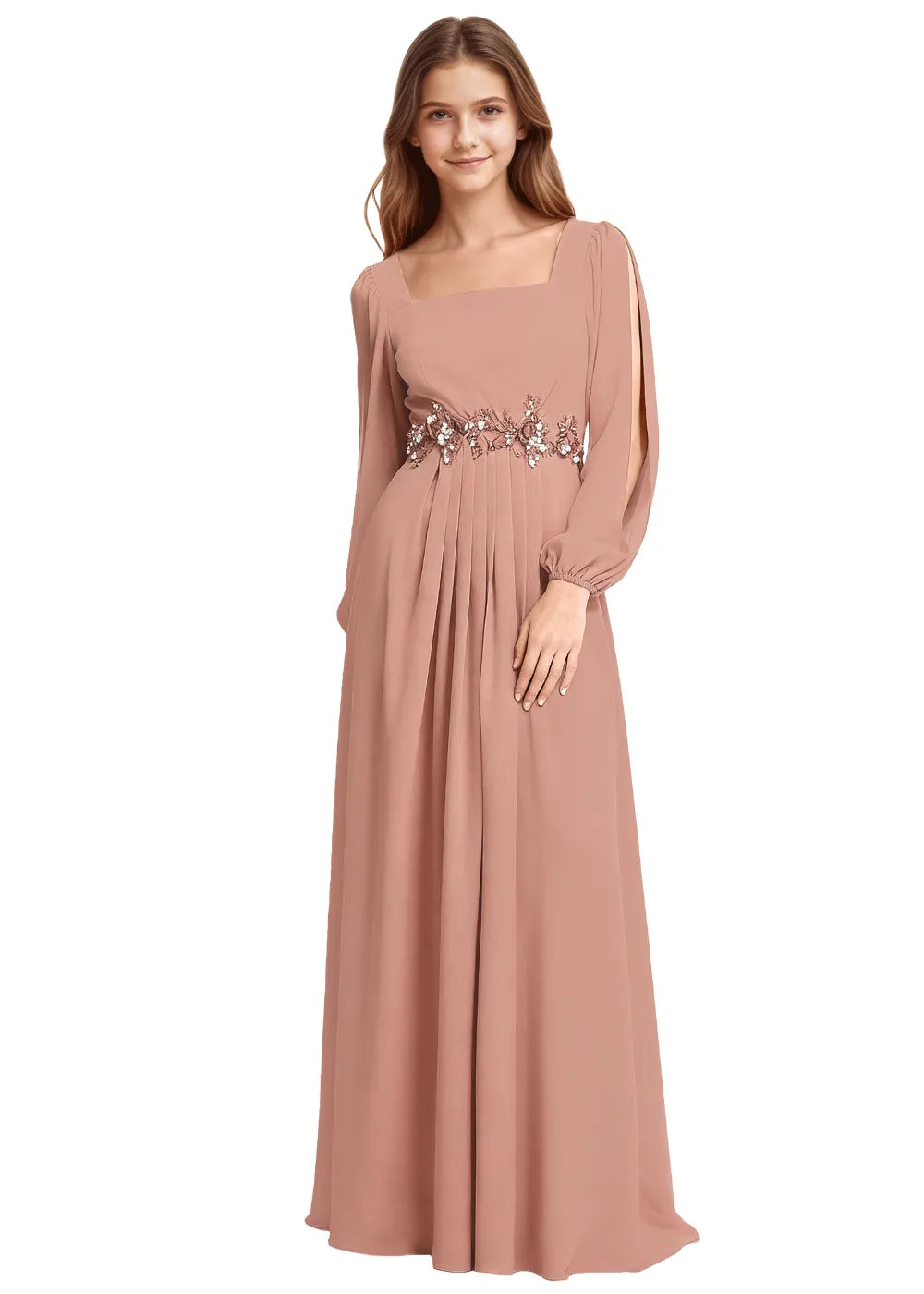 Embellished Square Neck Chiffon Bridesmaid Gown