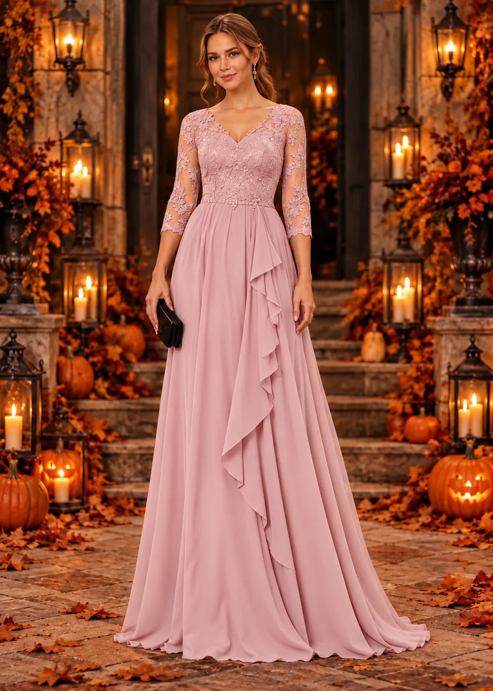 Front view of the blush pink evening gown with a lace bodice and a cascading chiffon ruffle skirt.