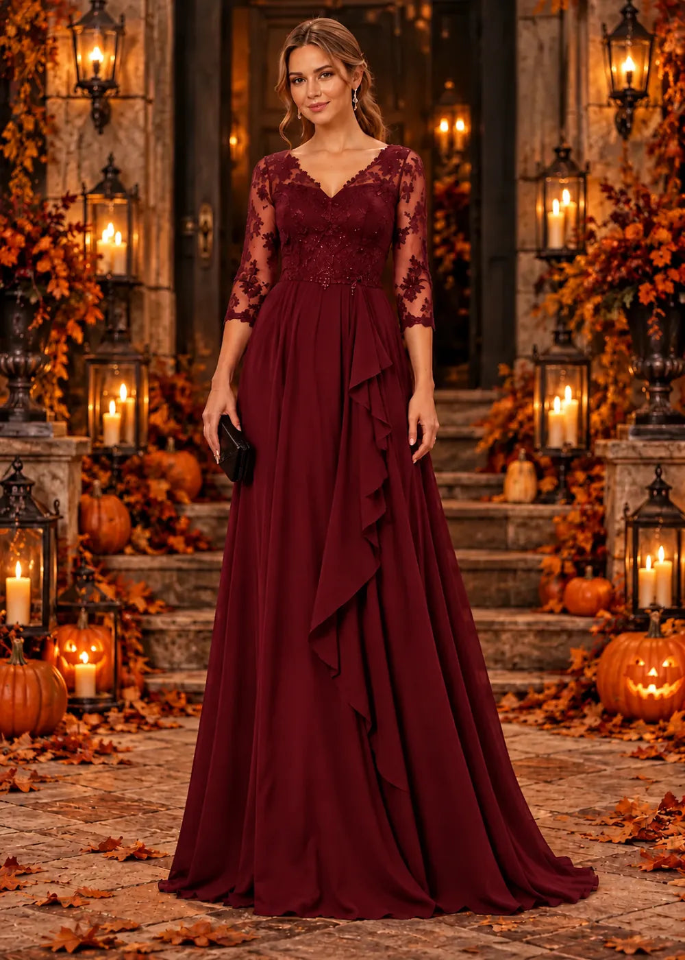 Front view of the burgundy evening gown with a lace bodice and a cascading chiffon ruffle skirt.