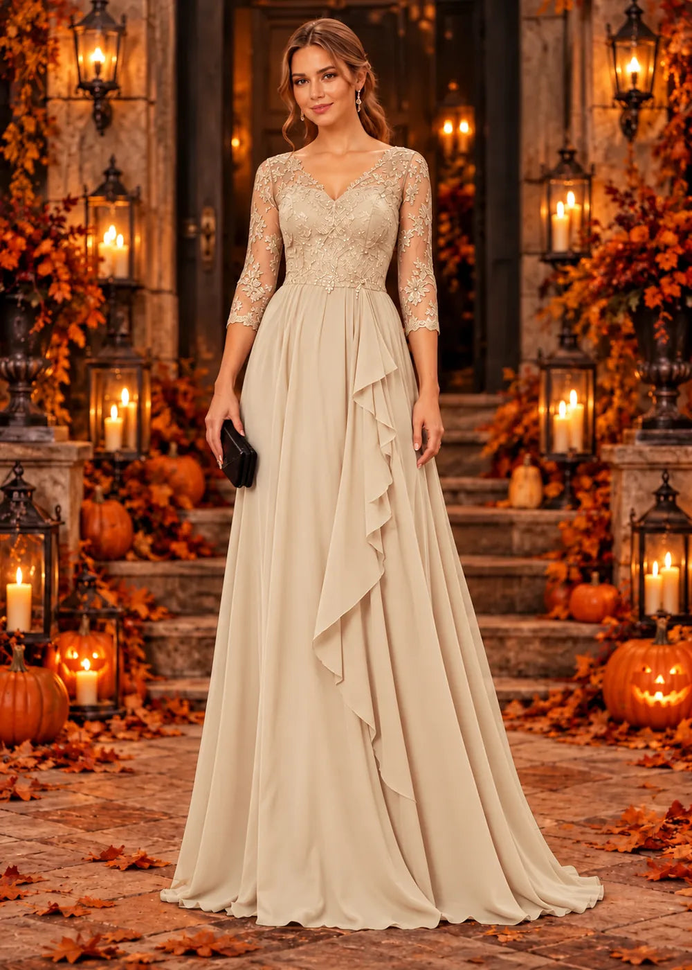 Front view of the champagne evening gown with a lace bodice and a cascading chiffon ruffle skirt.