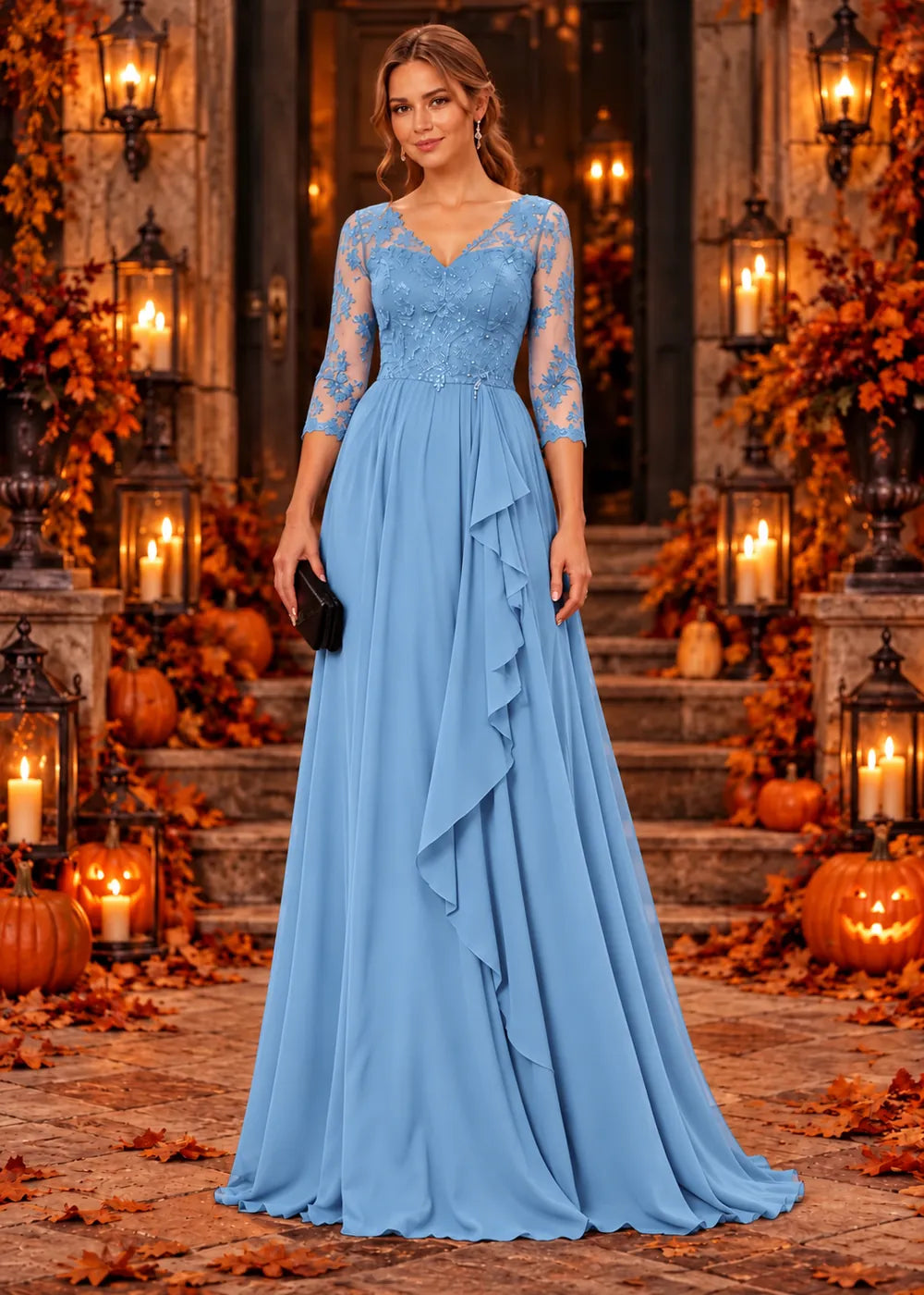 Front view of the light blue evening gown with a lace bodice and a cascading chiffon ruffle skirt.
