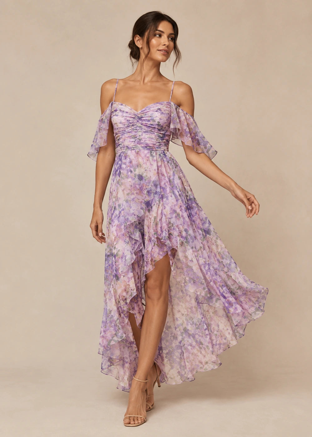 Lavender Floral Cold-Shoulder High-Low Chiffon Dress