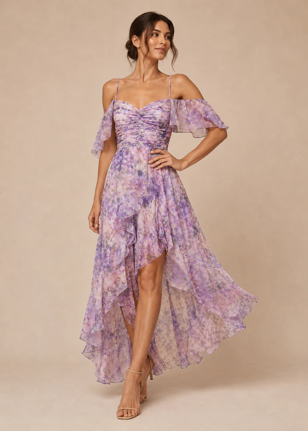 Lavender Floral Cold-Shoulder High-Low Chiffon Dress