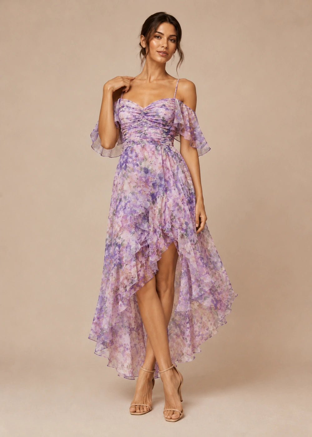 Lavender Floral Cold-Shoulder High-Low Chiffon Dress
