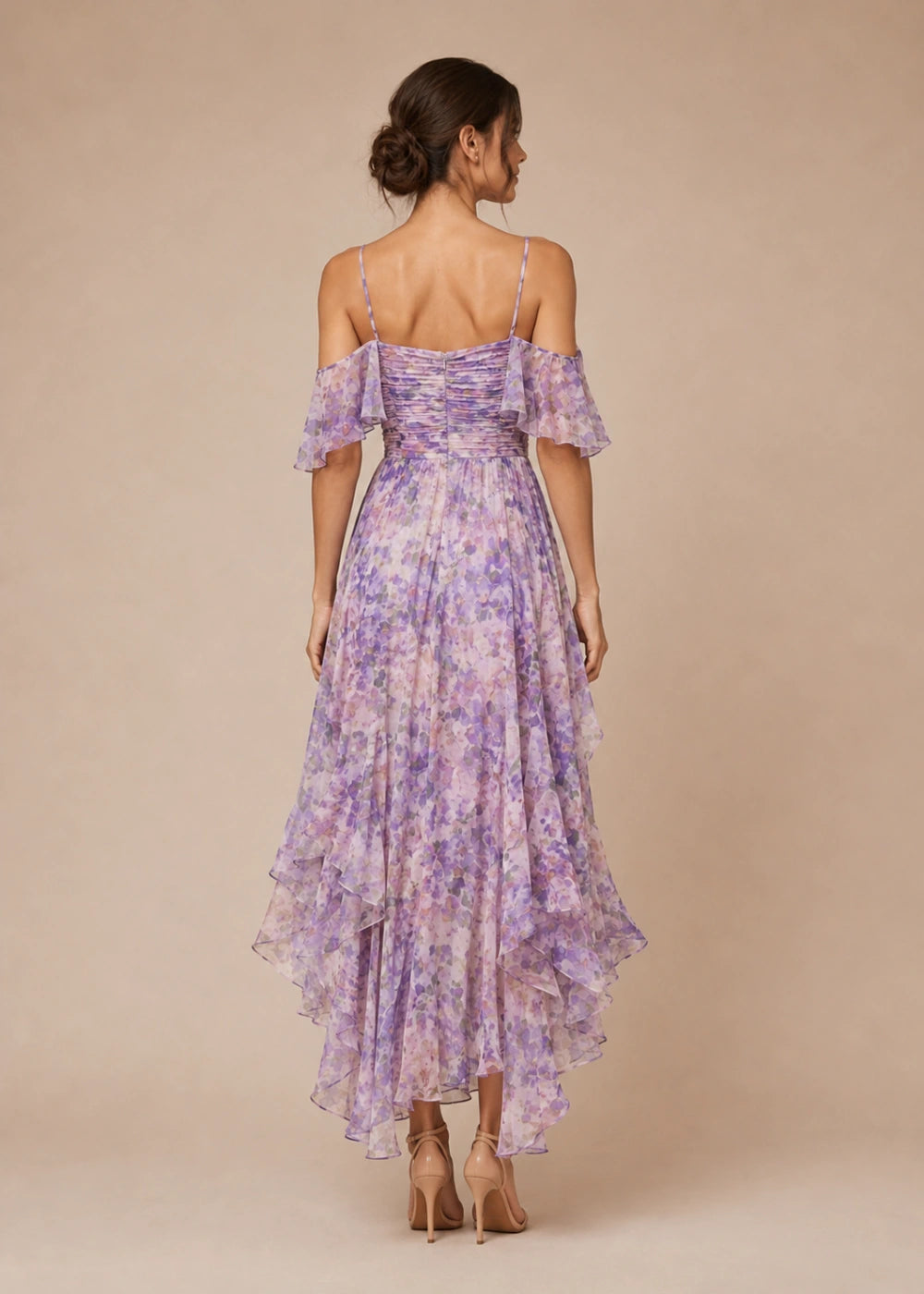 Lavender Floral Cold-Shoulder High-Low Chiffon Dress