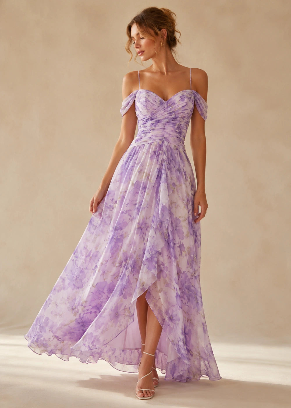 Lavender Watercolor Floral Off-Shoulder High-Low Maxi Dress