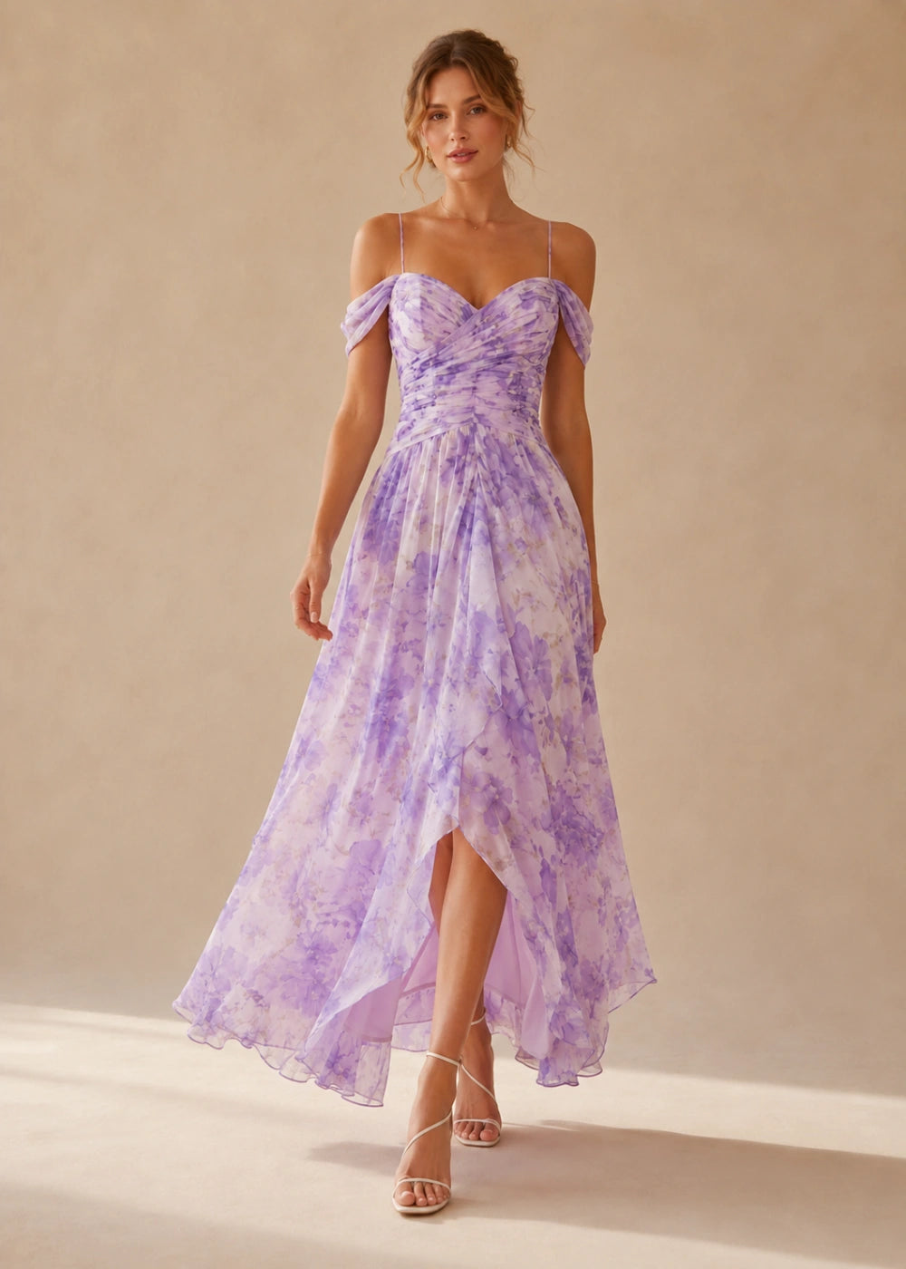 Lavender Watercolor Floral Off-Shoulder High-Low Maxi Dress