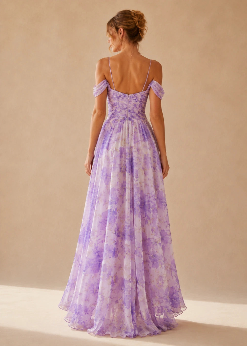 Lavender Watercolor Floral Off-Shoulder High-Low Maxi Dress
