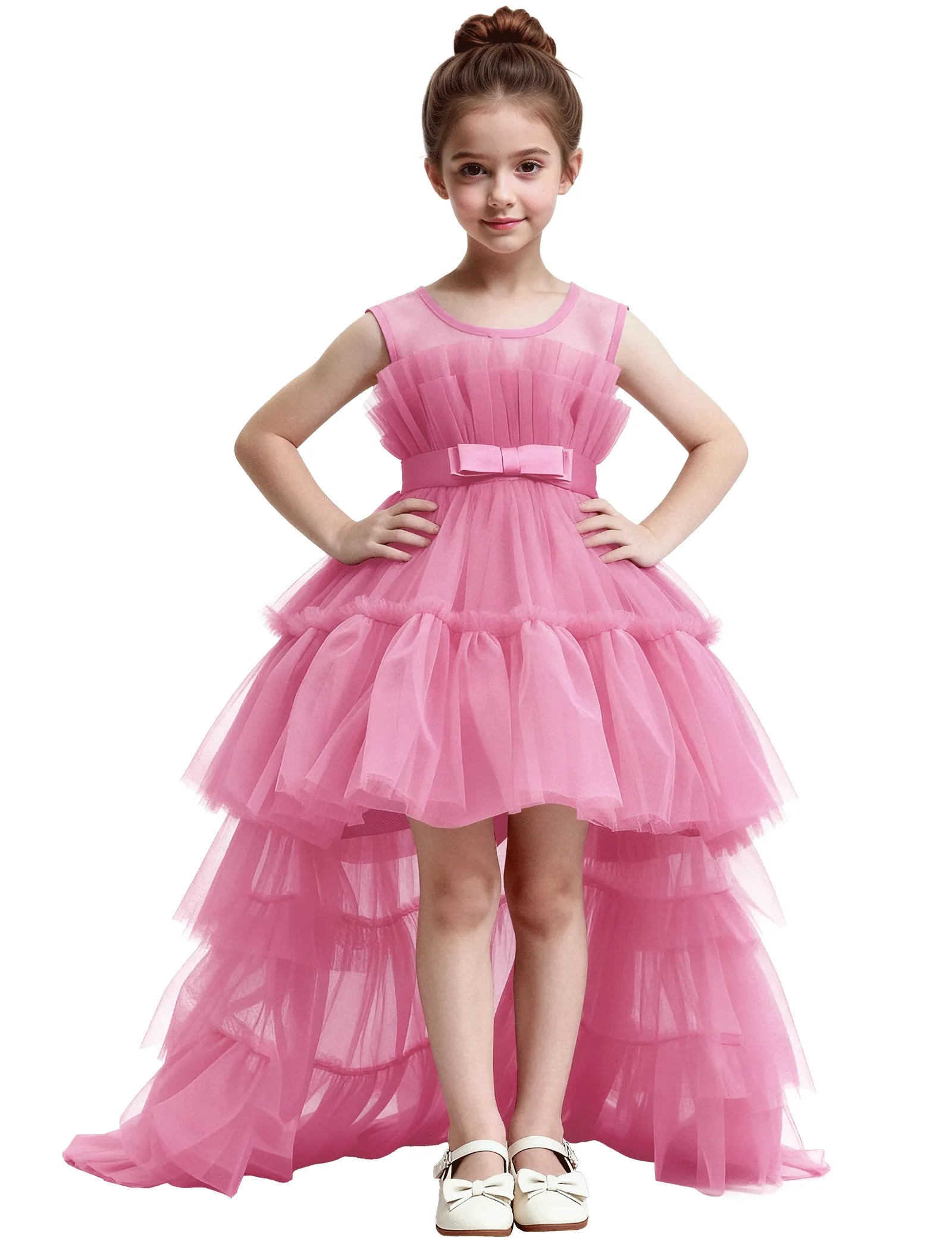 High-Low Ruffle Tulle Gown with Oversized Back Bow