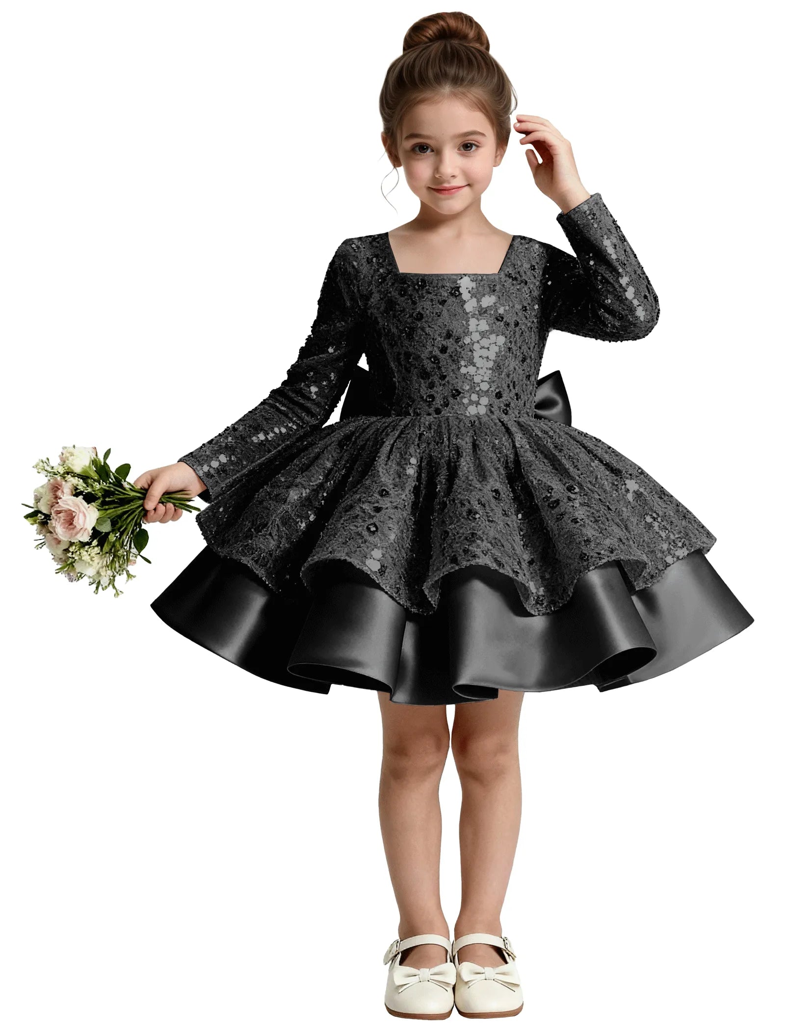 Sequin Bow Back Long Sleeve Flower Girl Dress