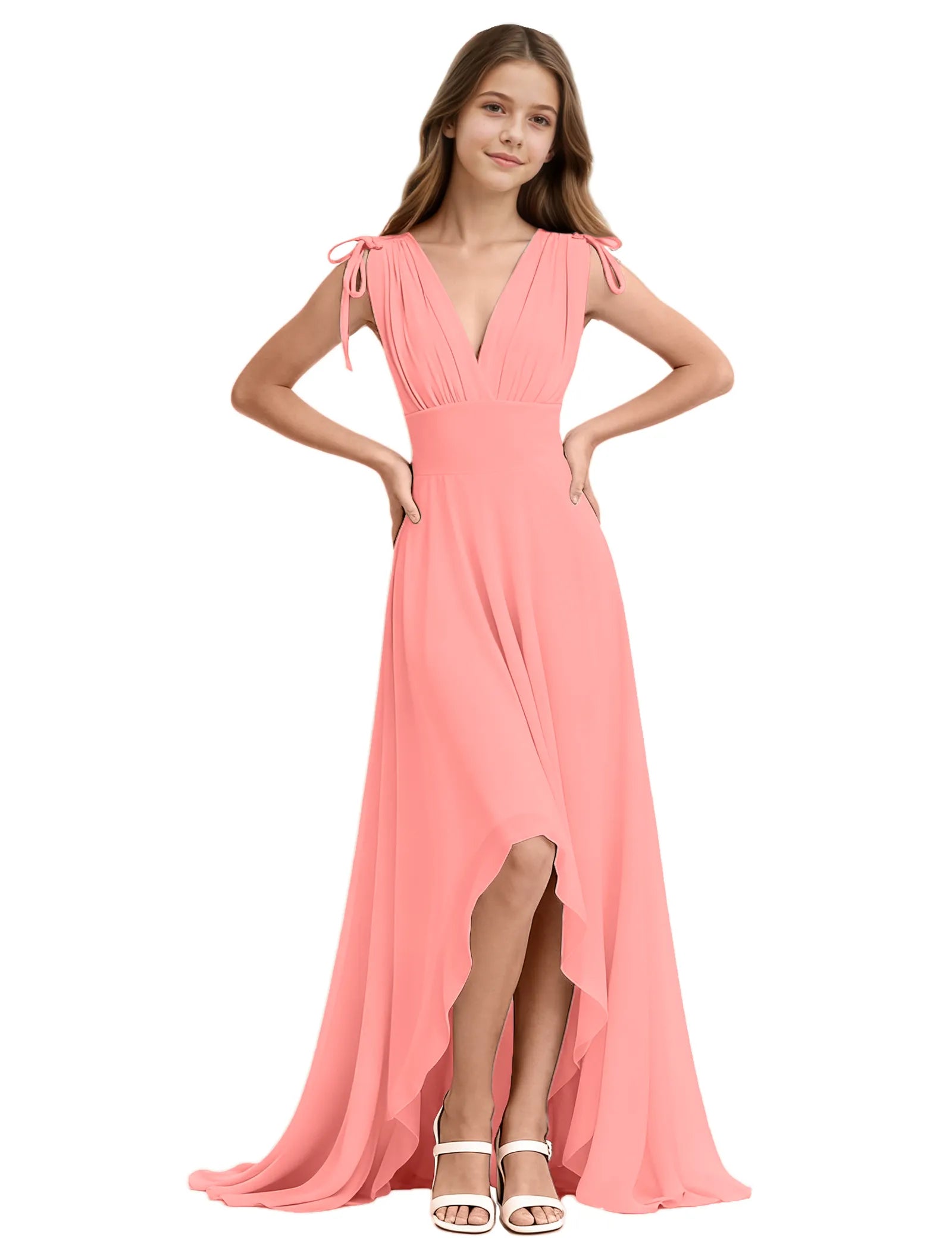 Youth High-Low Chiffon Dress with Bow Straps