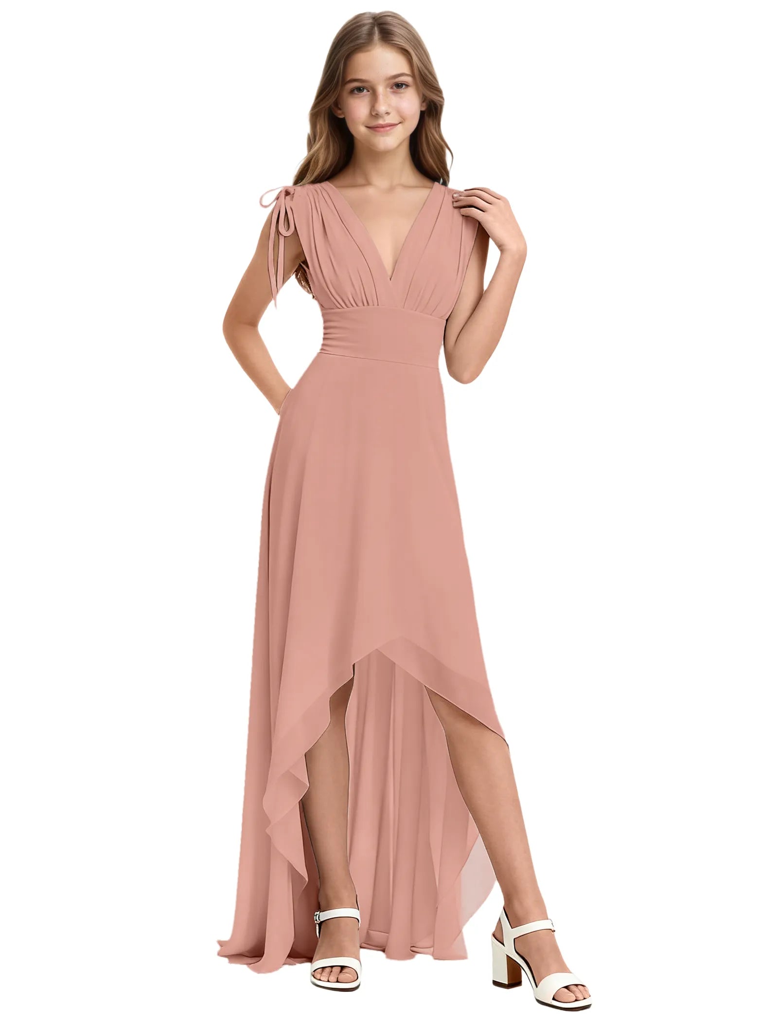 Youth High-Low Chiffon Dress with Bow Straps