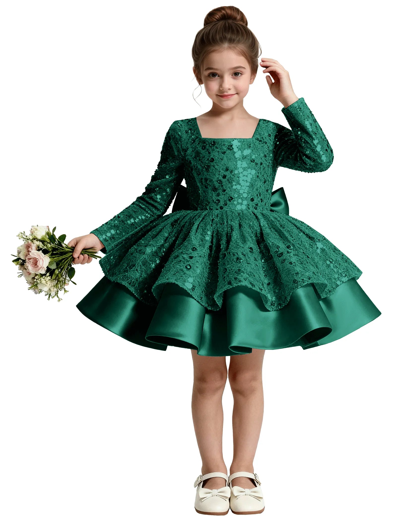 Sequin Bow Back Long Sleeve Flower Girl Dress