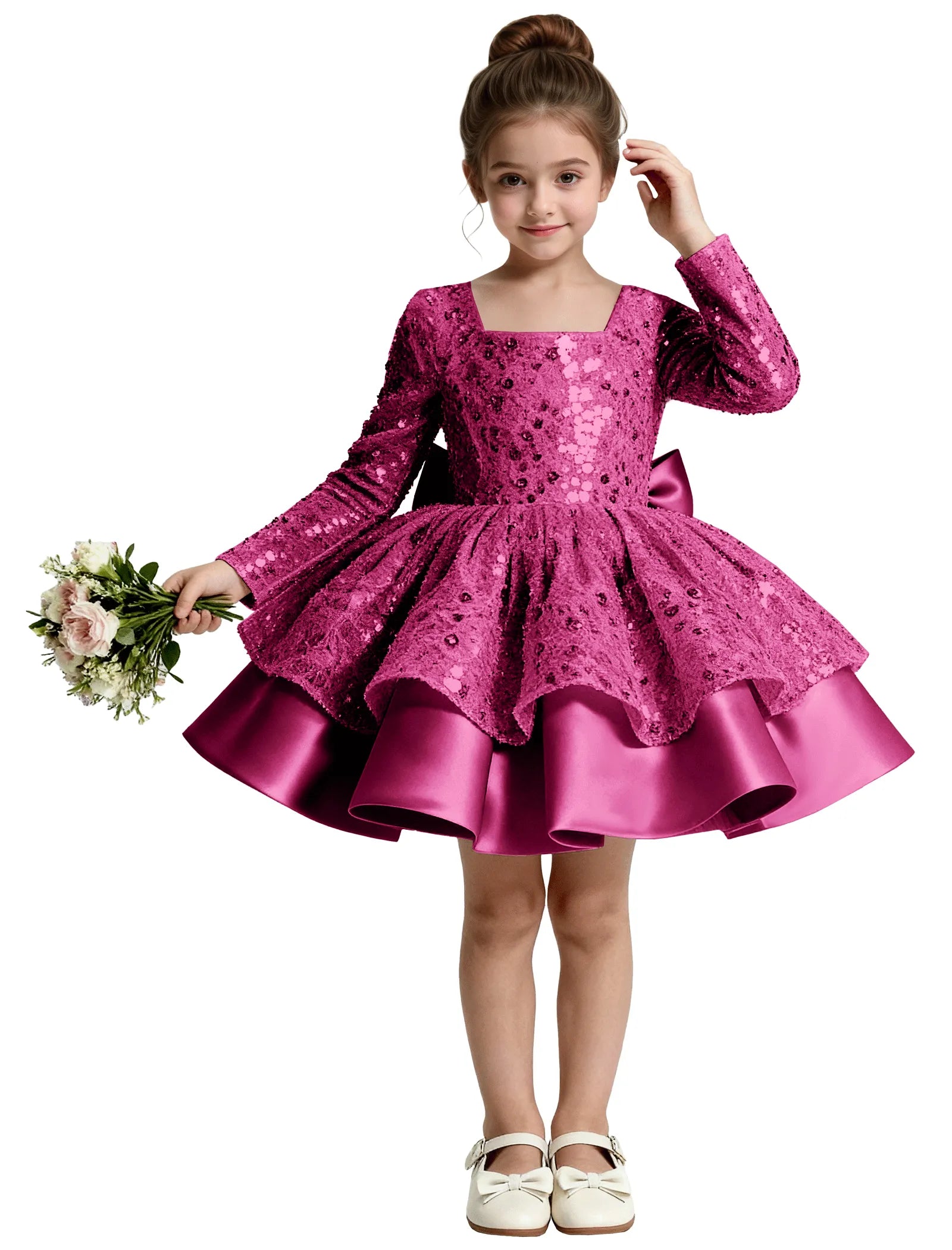 Sequin Bow Back Long Sleeve Flower Girl Dress