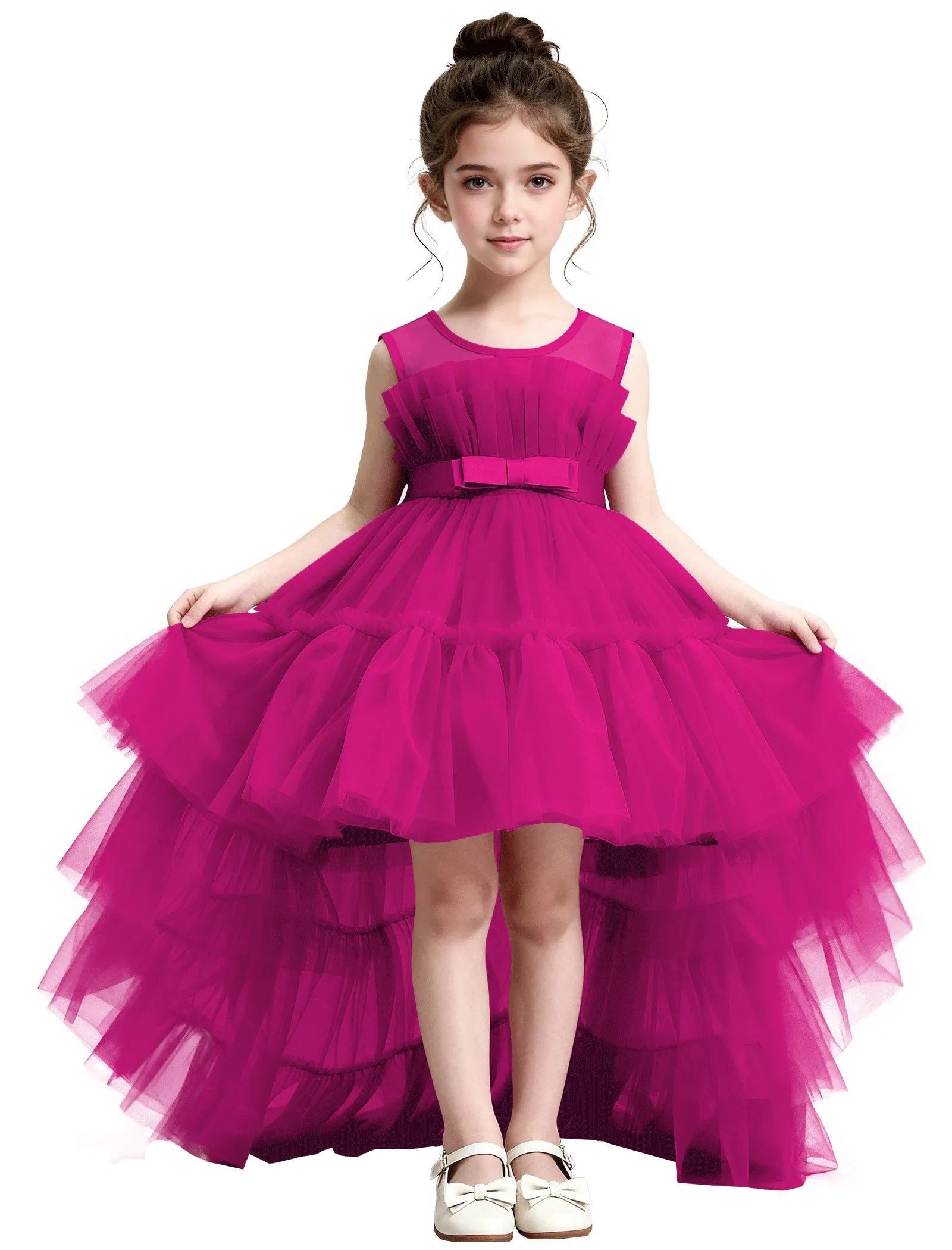 High-Low Ruffle Tulle Gown with Oversized Back Bow