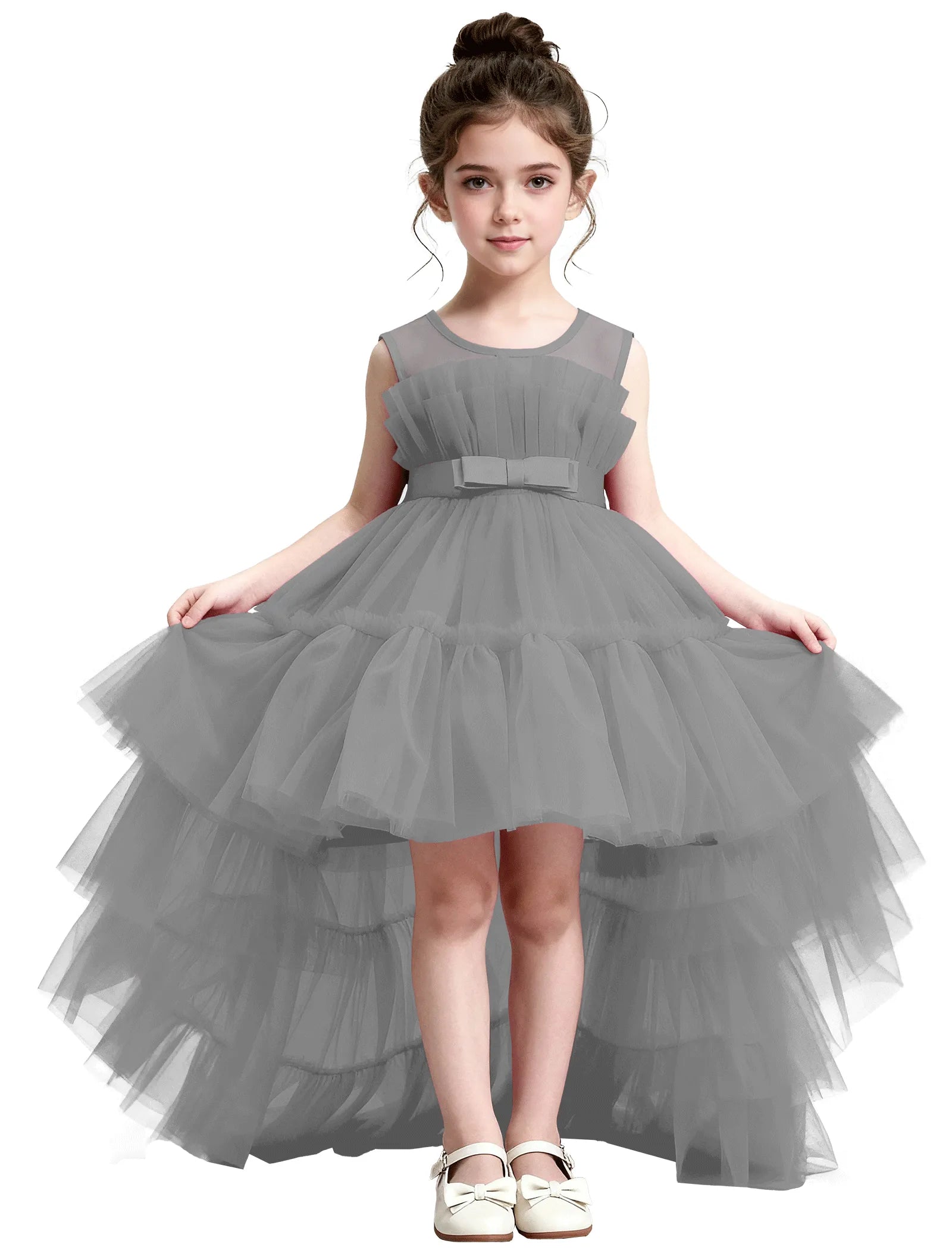 High-Low Ruffle Tulle Gown with Oversized Back Bow