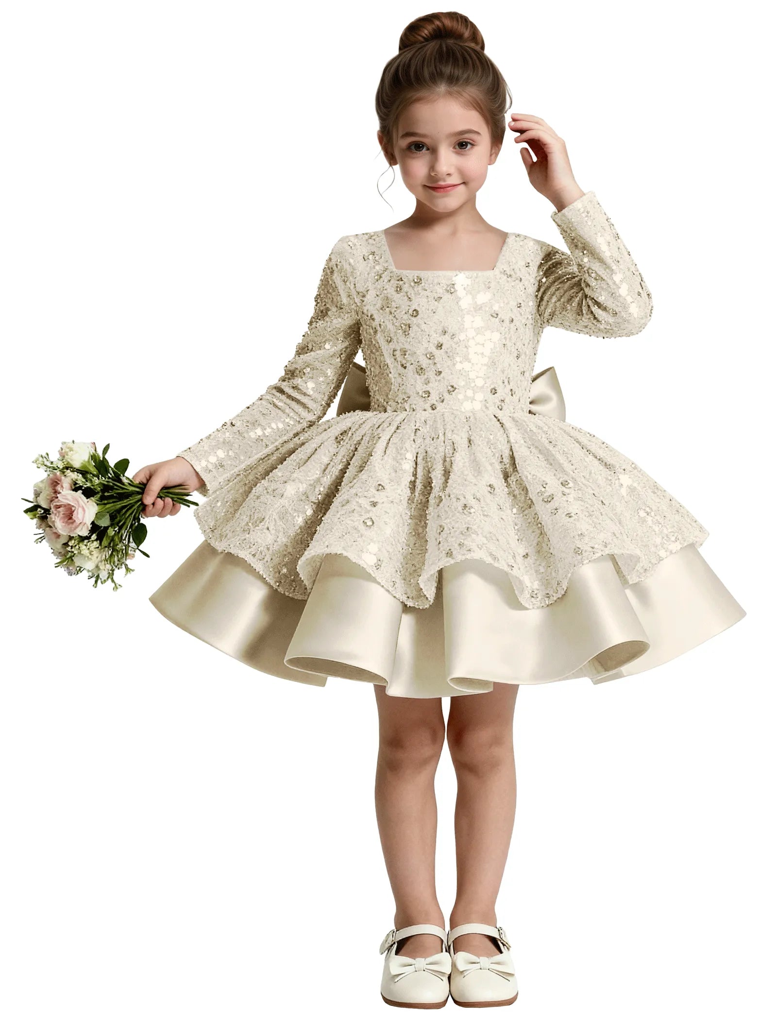 Sequin Bow Back Long Sleeve Flower Girl Dress