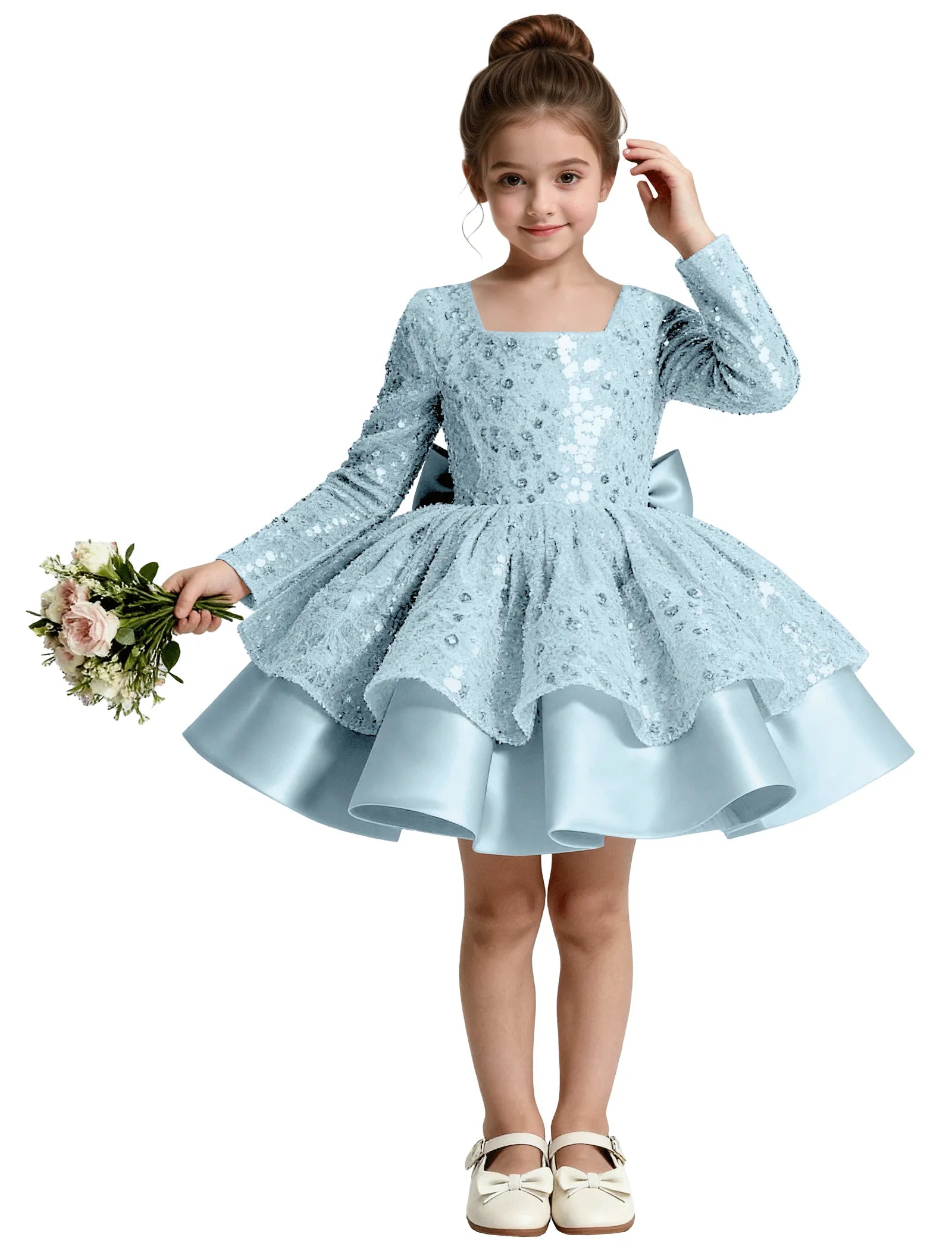 Sequin Bow Back Long Sleeve Flower Girl Dress