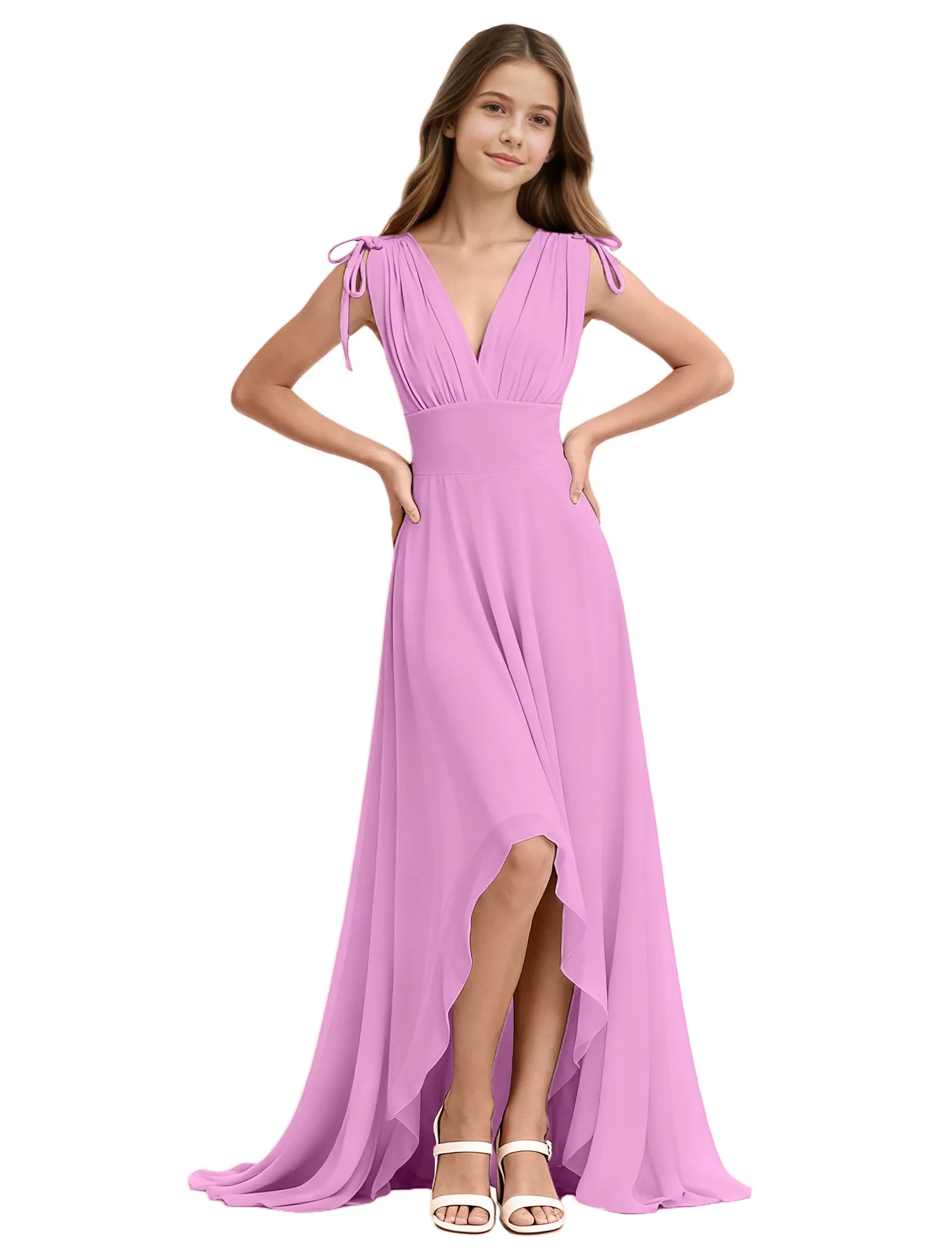 Youth High-Low Chiffon Dress with Bow Straps