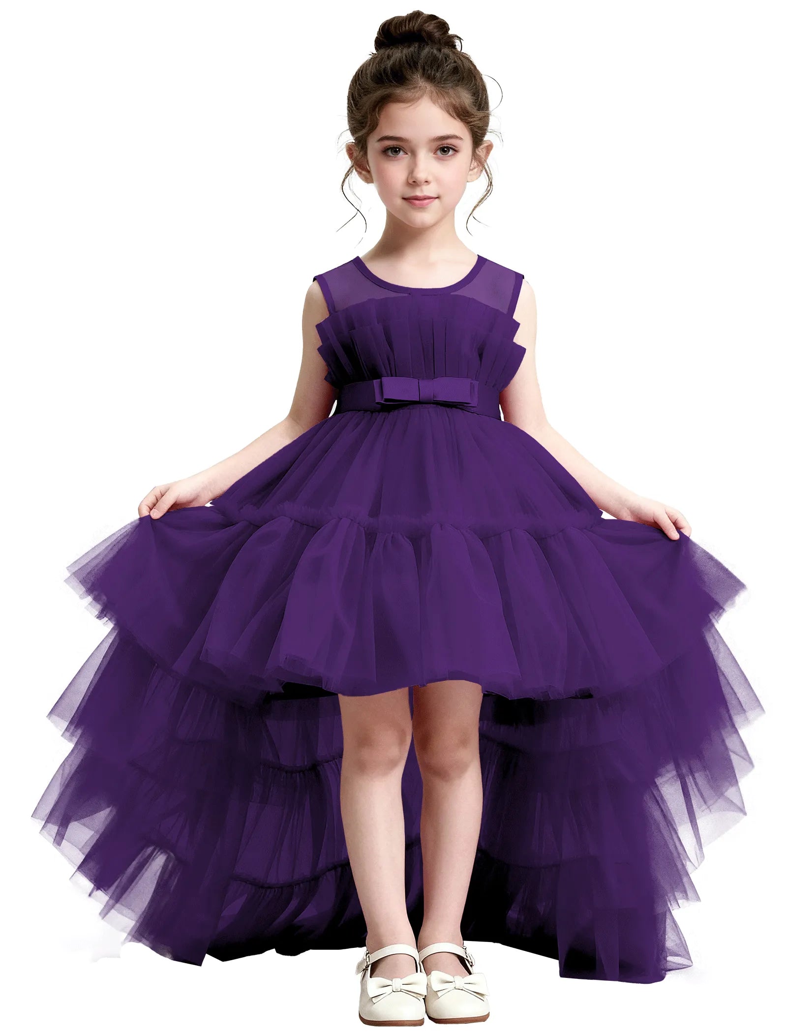 High-Low Ruffle Tulle Gown with Oversized Back Bow