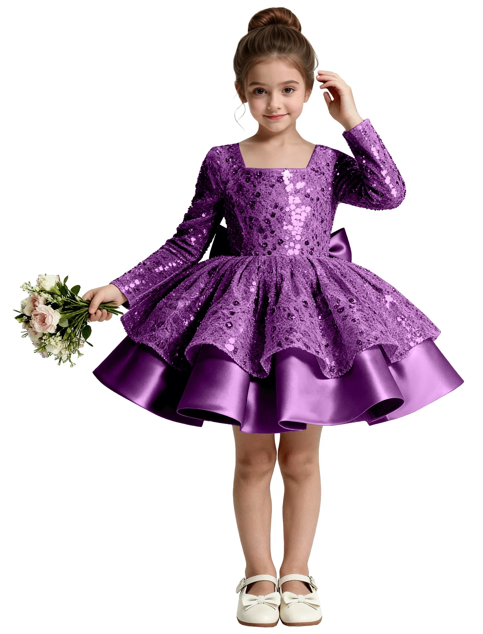 Sequin Bow Back Long Sleeve Flower Girl Dress