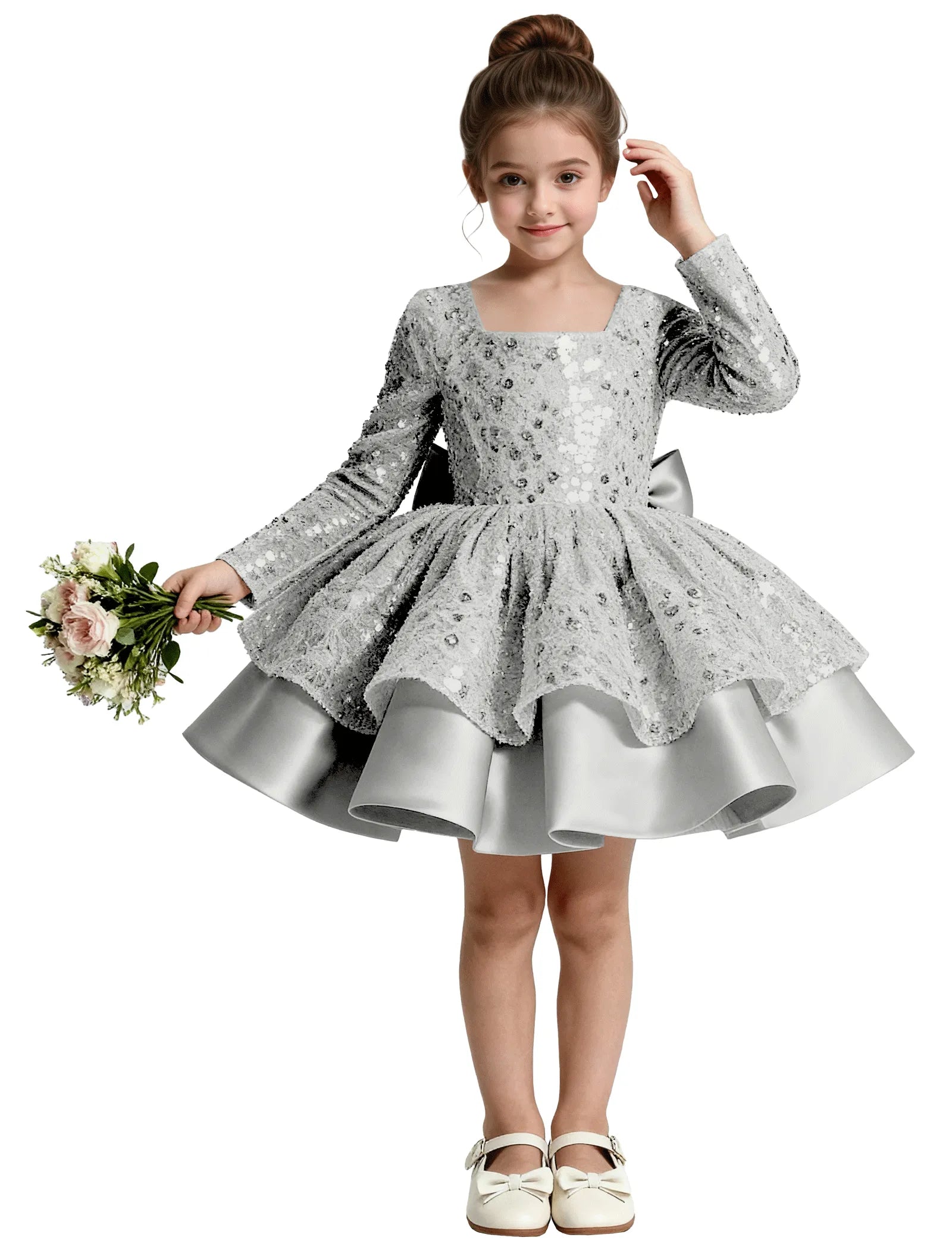 Sequin Bow Back Long Sleeve Flower Girl Dress