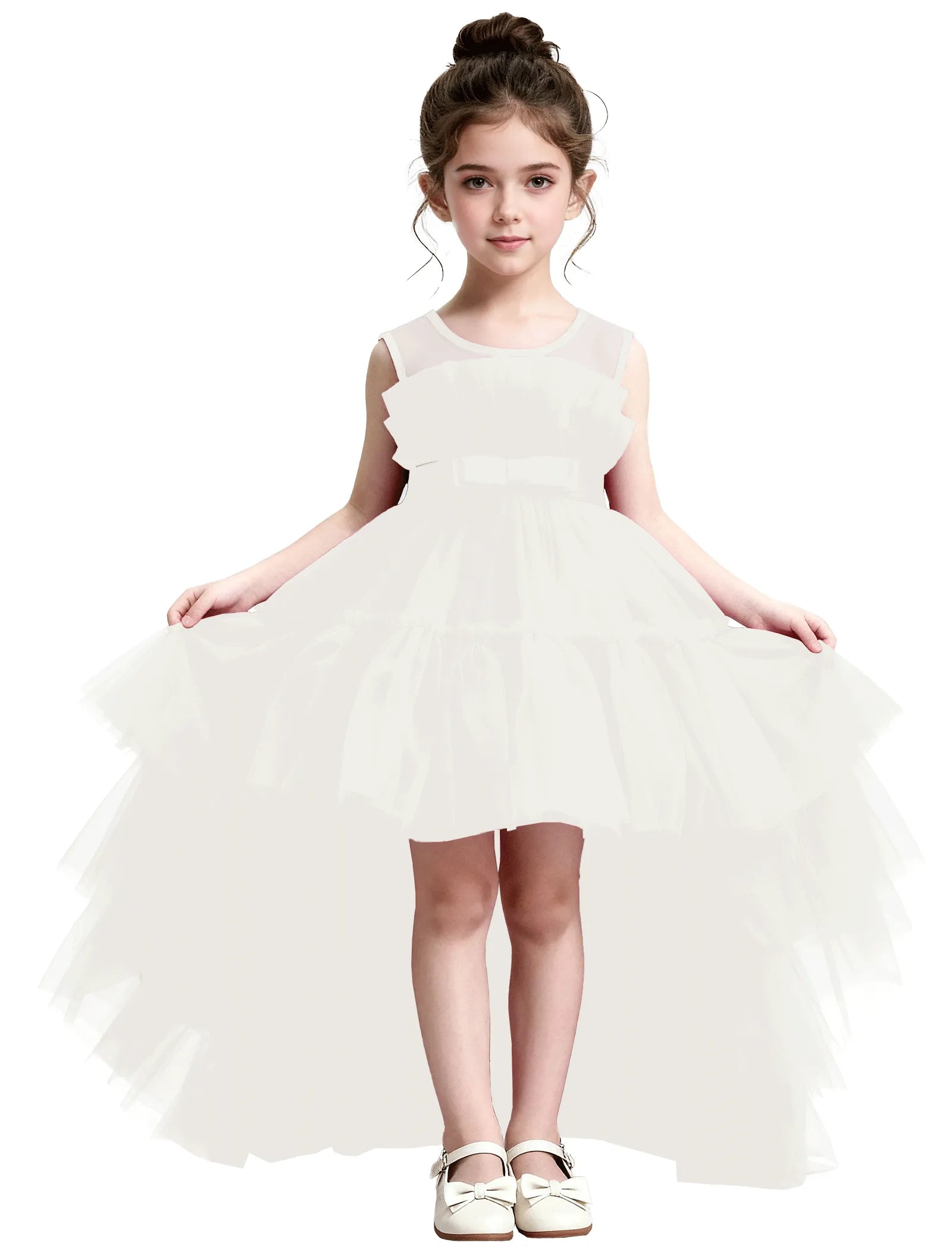 High-Low Ruffle Tulle Gown with Oversized Back Bow