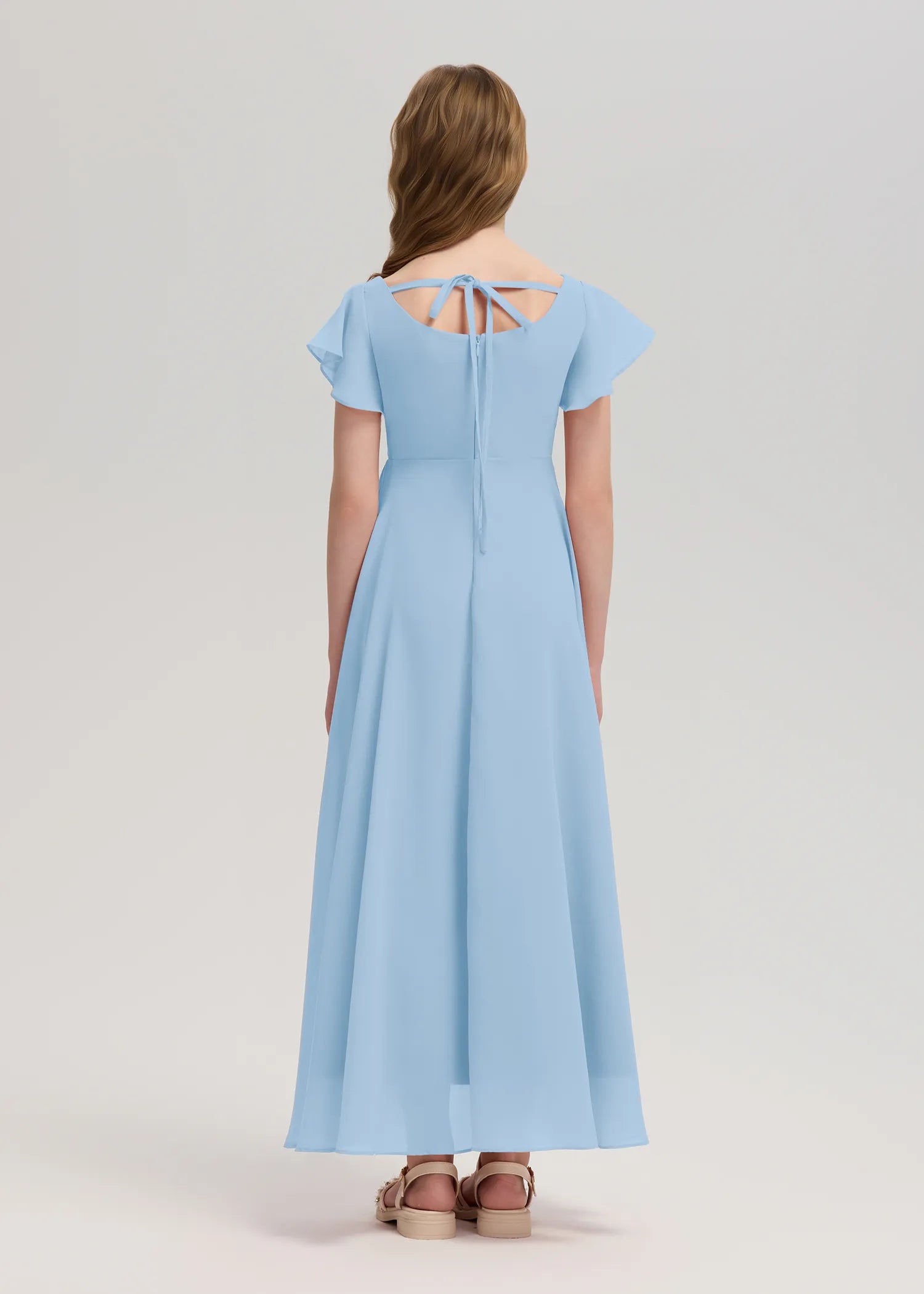 Square Neck Flutter Sleeve Chiffon Dress -[Blue]