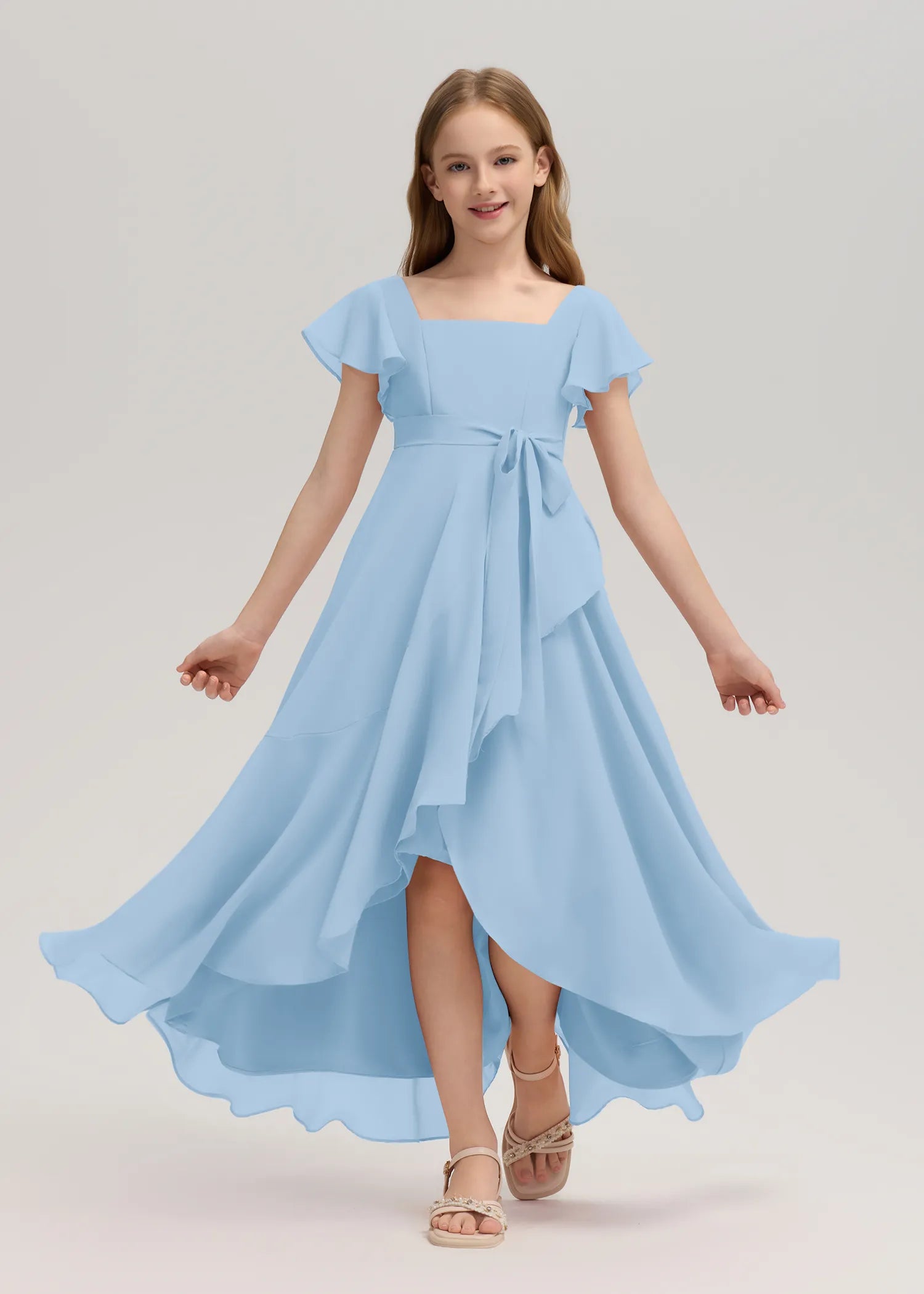 Square Neck Flutter Sleeve Chiffon Dress -[Blue]