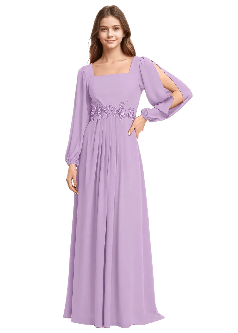 Embellished Square Neck Chiffon Bridesmaid Gown