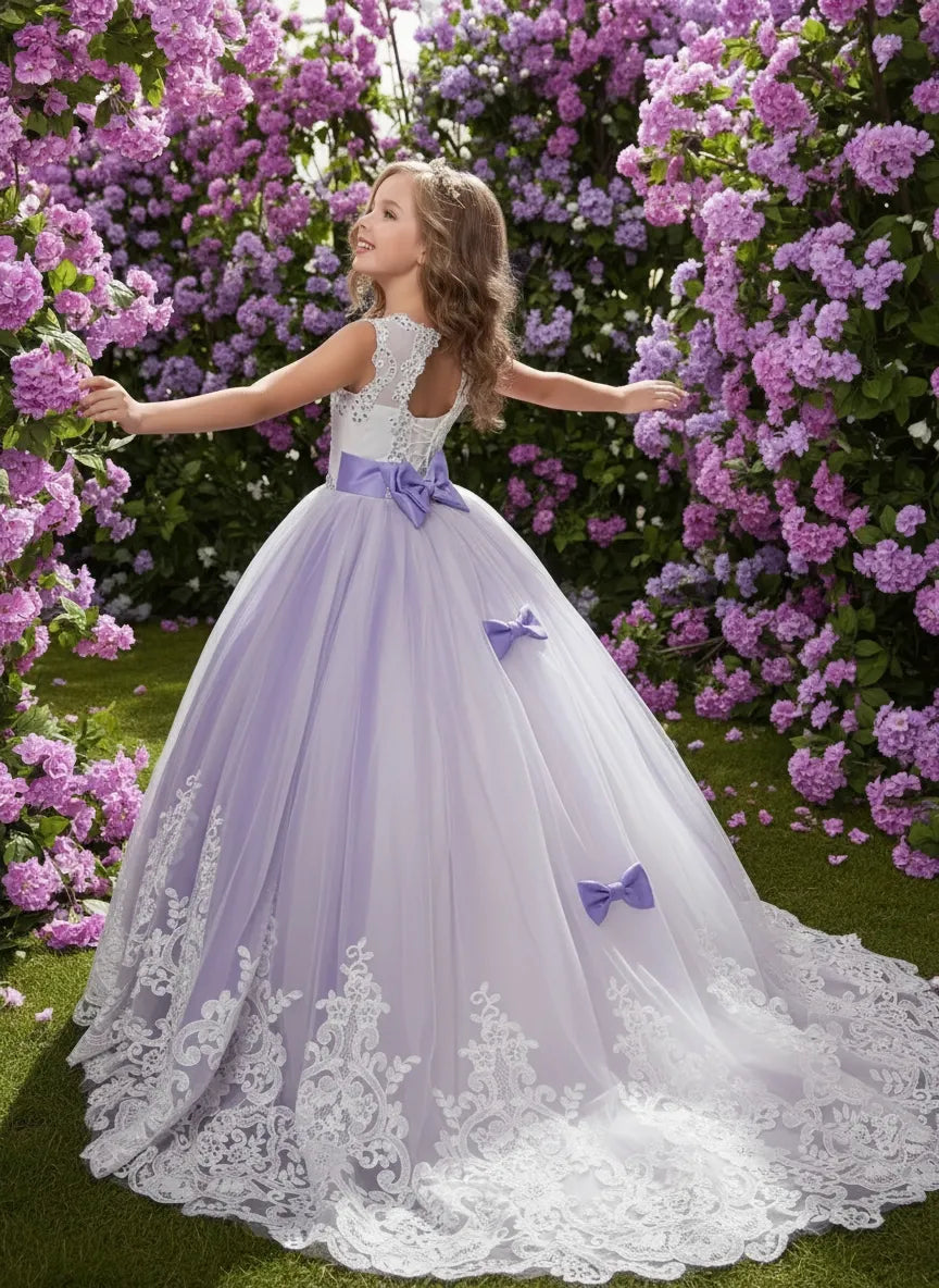 Elegant Tulle Flower Girl Dress with Long Train & Bows