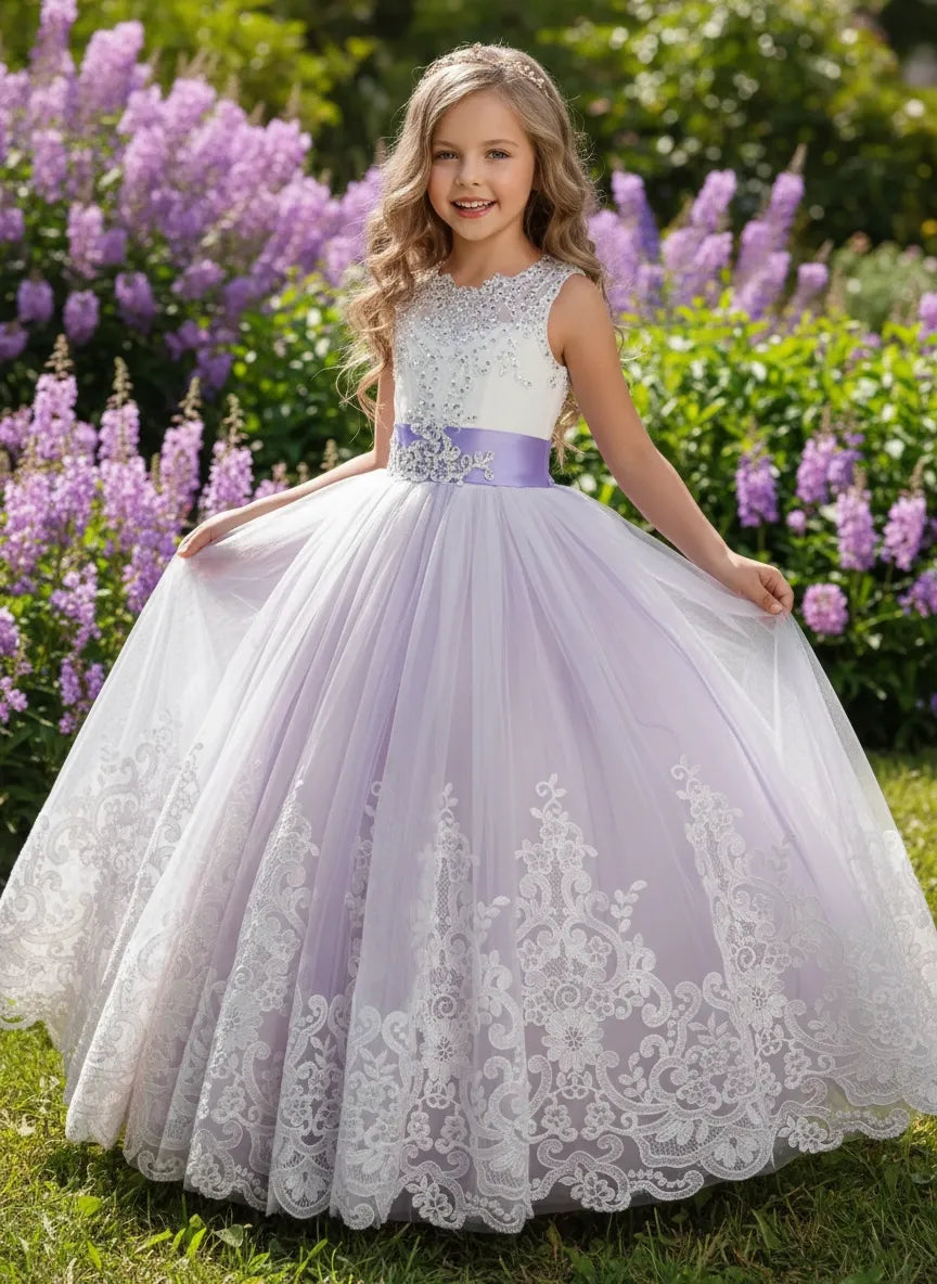 Elegant Tulle Flower Girl Dress with Long Train & Bows