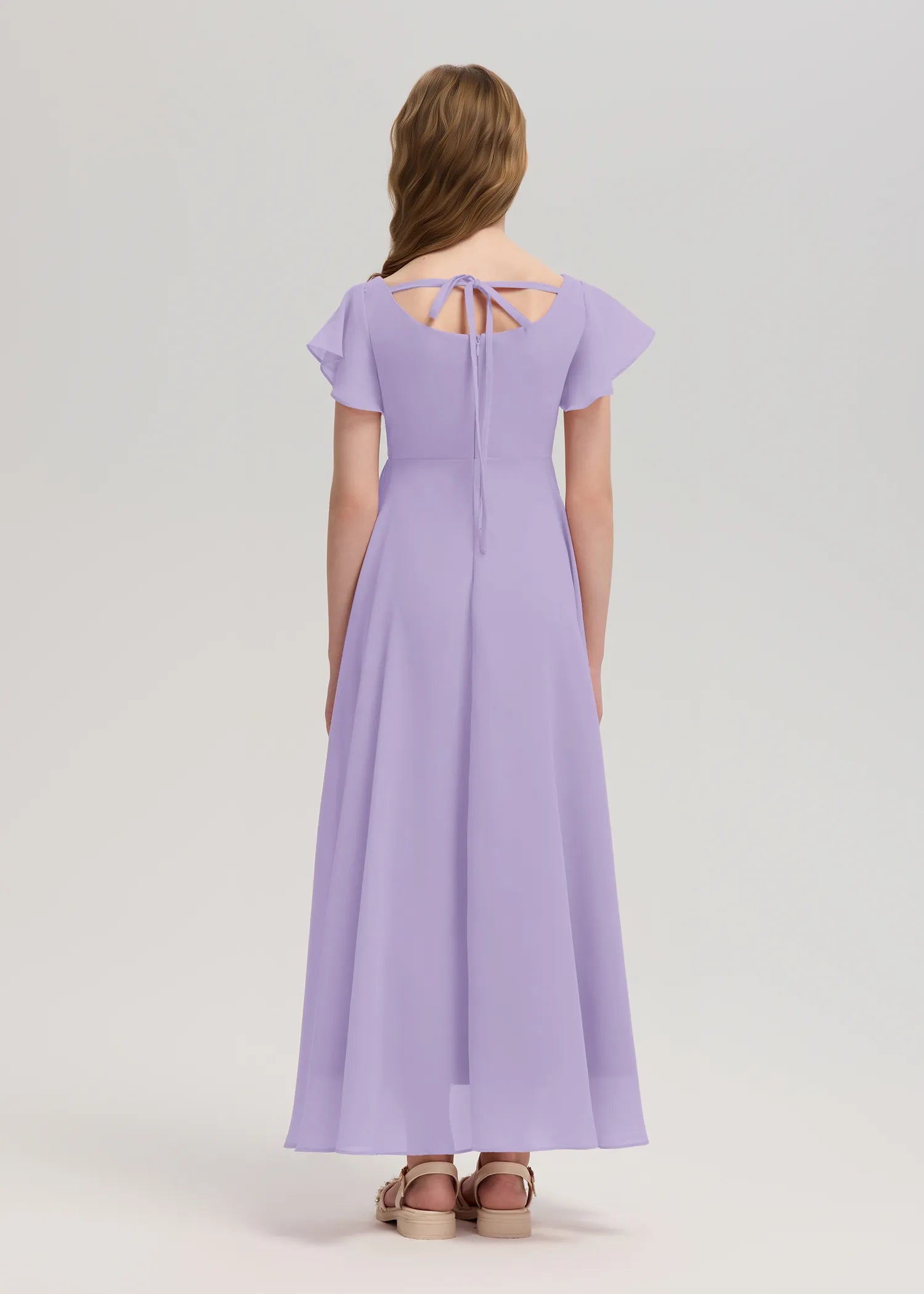 Square Neck Flutter Sleeve Chiffon Dress -[Purple]